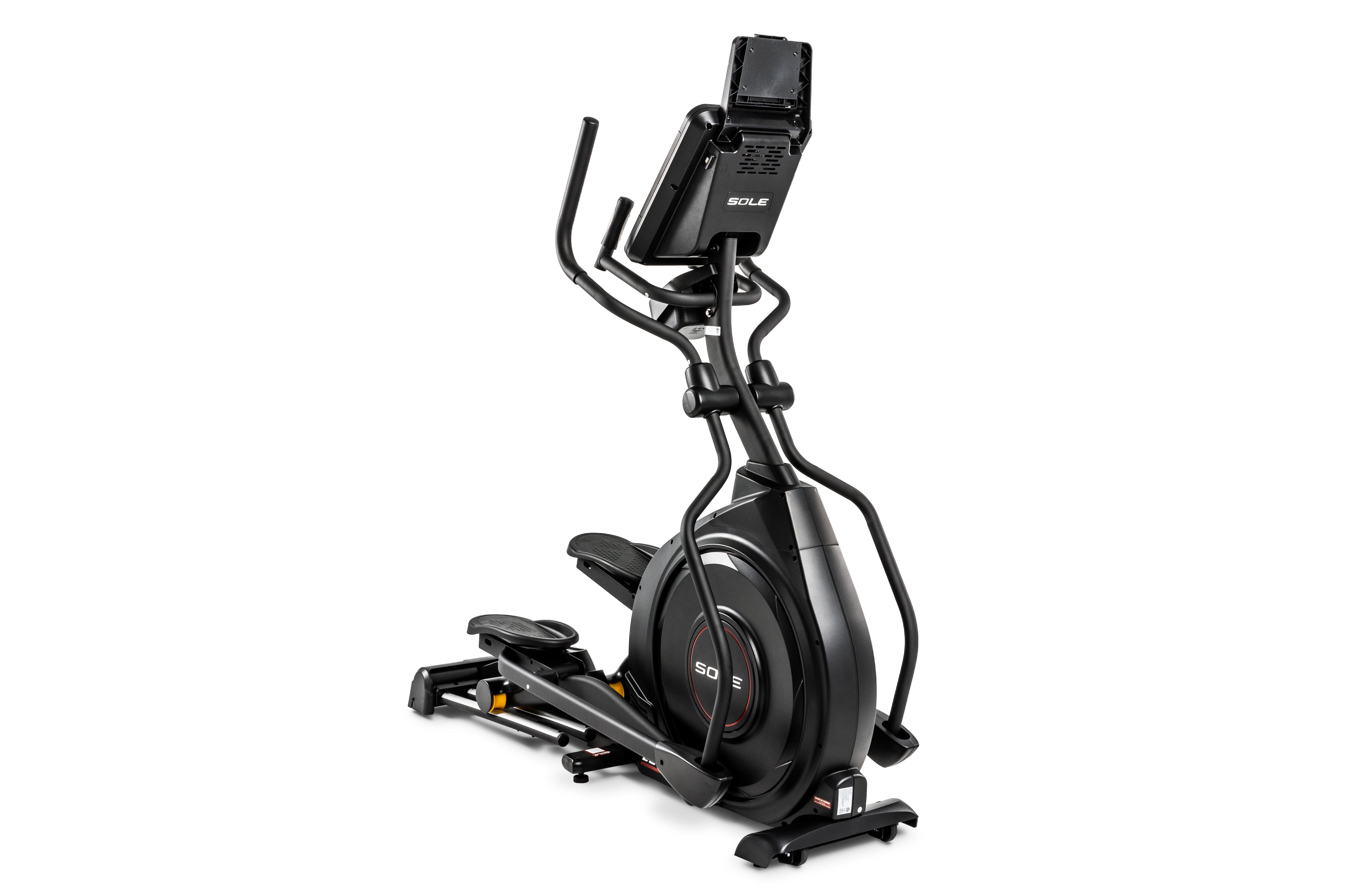 Sole E25 elliptical machine in a three-quarter view, highlighting its digital display, dual handles, foot pedals, and sturdy base, set against a white background.