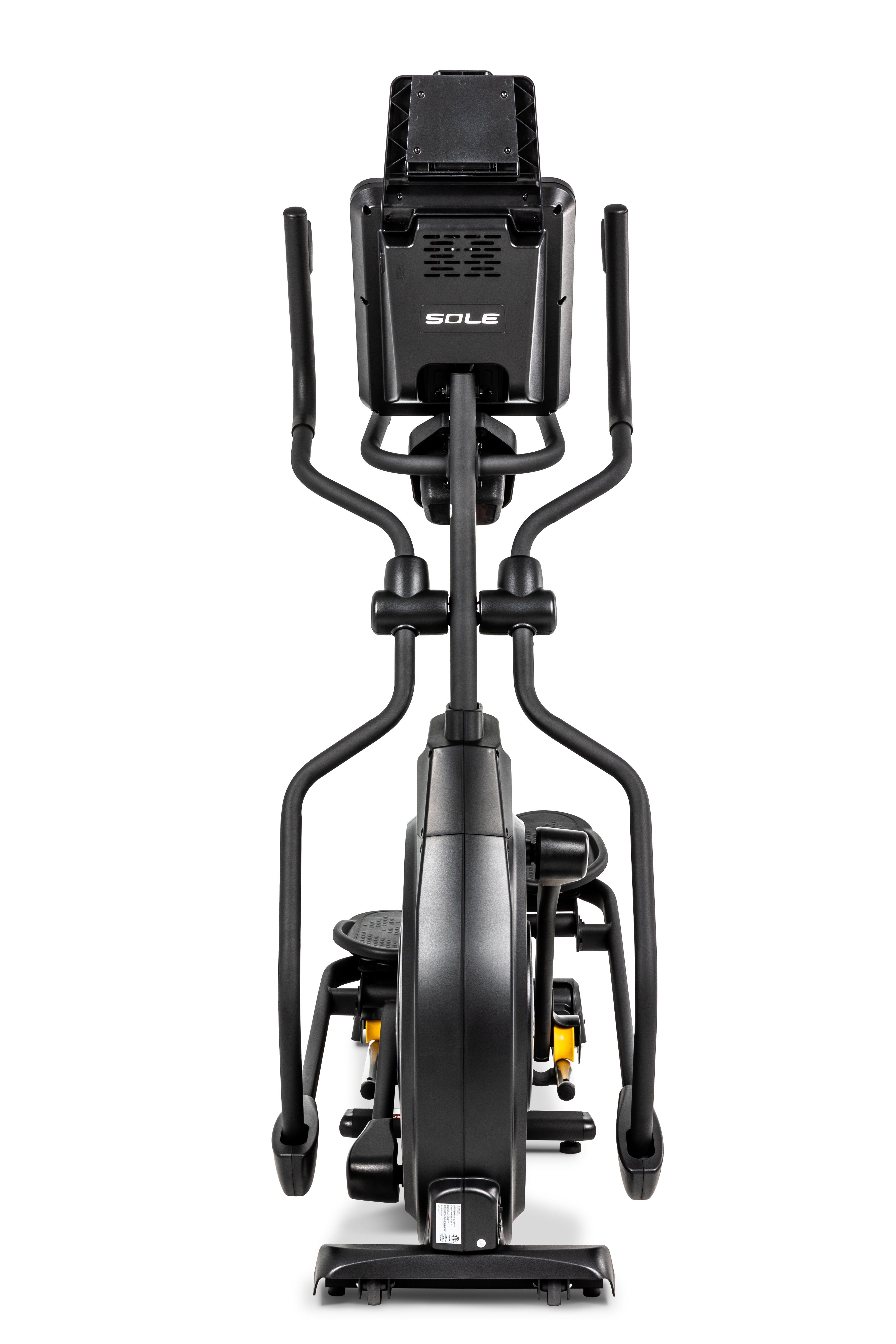 Front view of the Sole E25 elliptical machine, showcasing its sleek black design, digital control panel at the top, dual handlebars, and sturdy base with foot pedals, set against a white background.