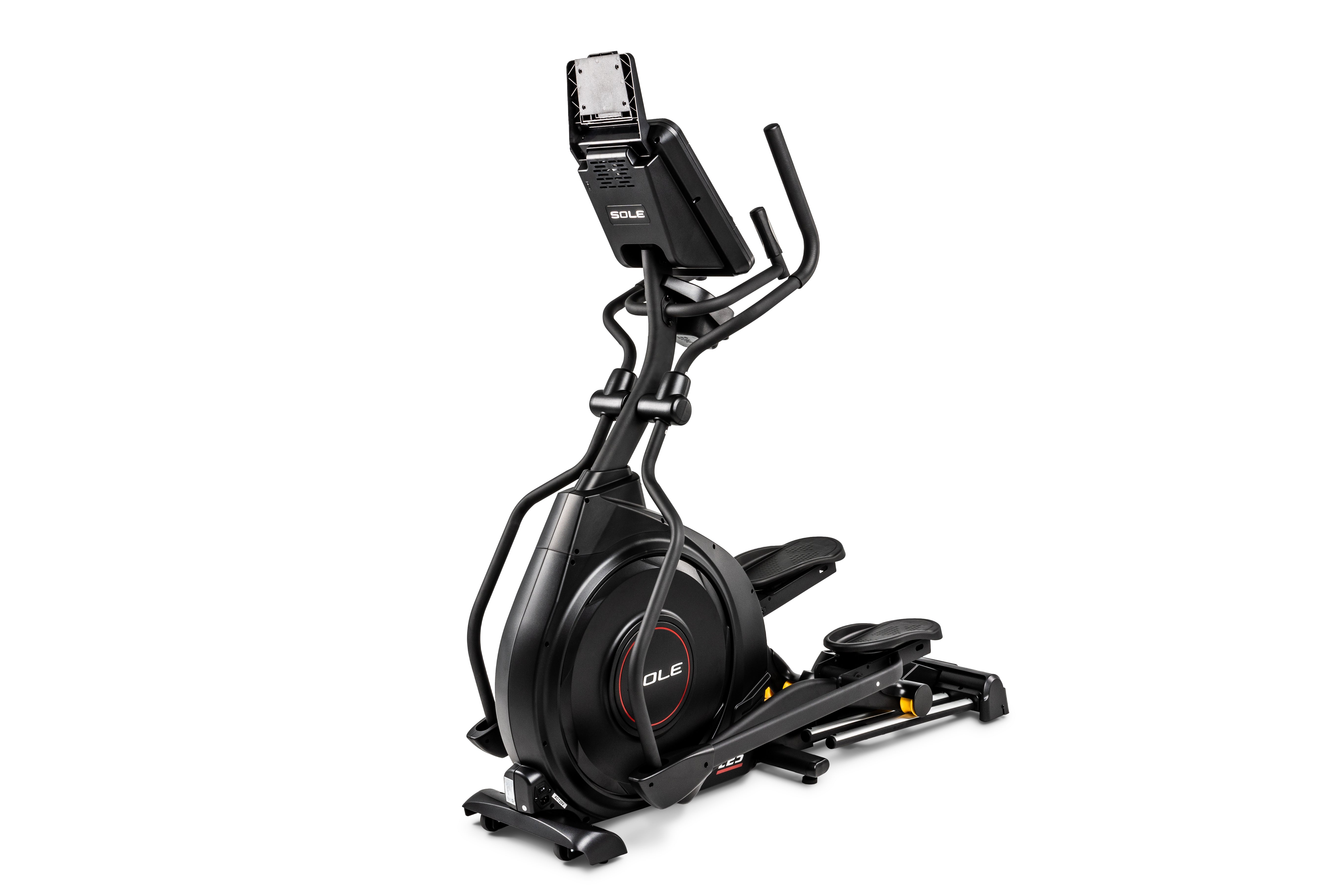 Sole E25 elliptical trainer showcasing its digital screen, ergonomic handlebars, footplates, and sleek black design, positioned against a white backdrop.