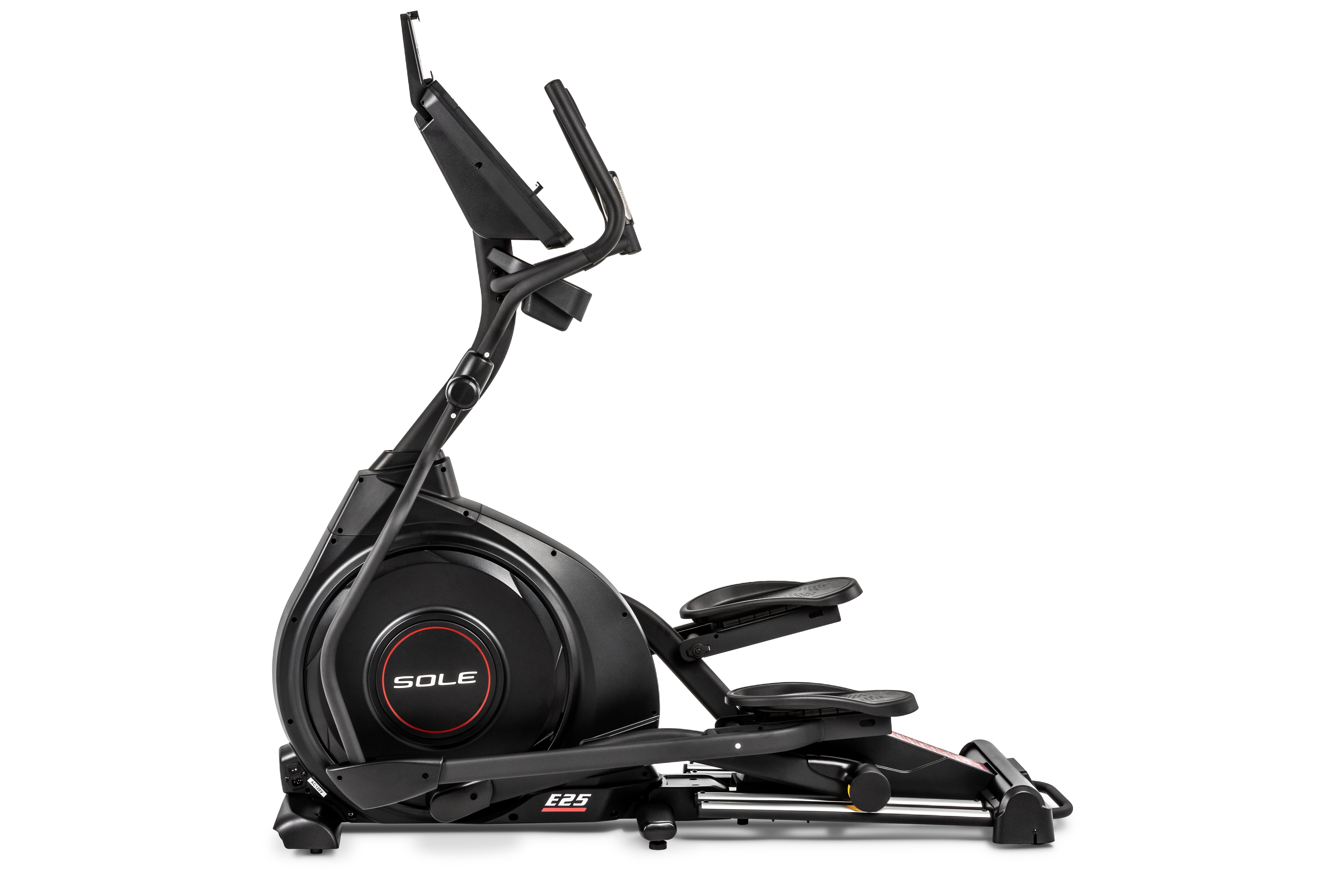 Sole E25 elliptical machine from a side angle, highlighting its adjustable screen, dual handlebars, pedal design, and prominent logo, set against a white background.