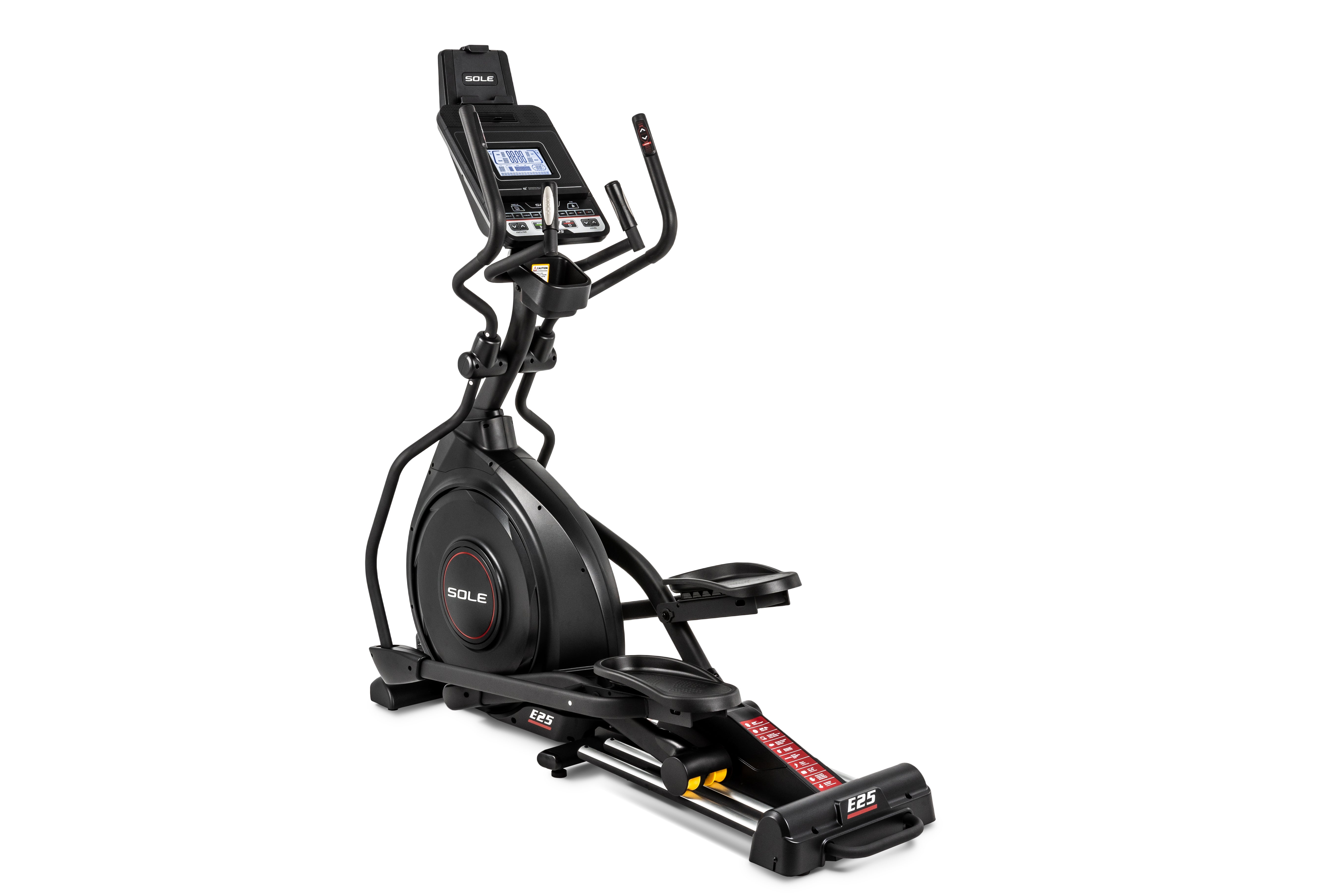 Sole E25 elliptical machine viewed from a front angle, showcasing its digital screen interface, ergonomic handlebars, branded wheel design, and foot pedals, all against a white background.
