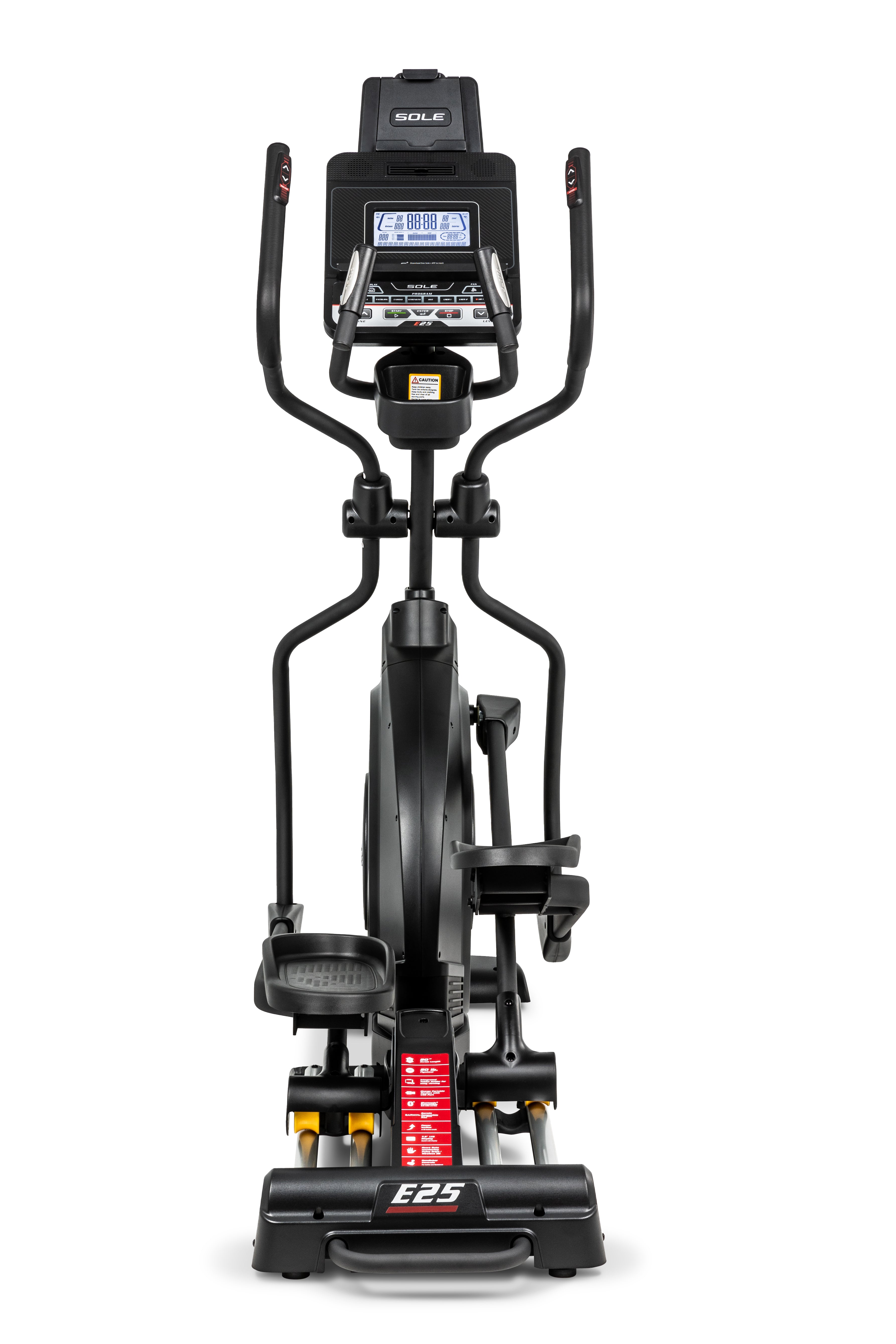 Frontal view of the Sole E25 elliptical trainer displaying its digital control panel with workout data, dual handlebars, black frame, adjustable foot pedals, and the 'E25' branding on the base, all set against a white backdrop.
