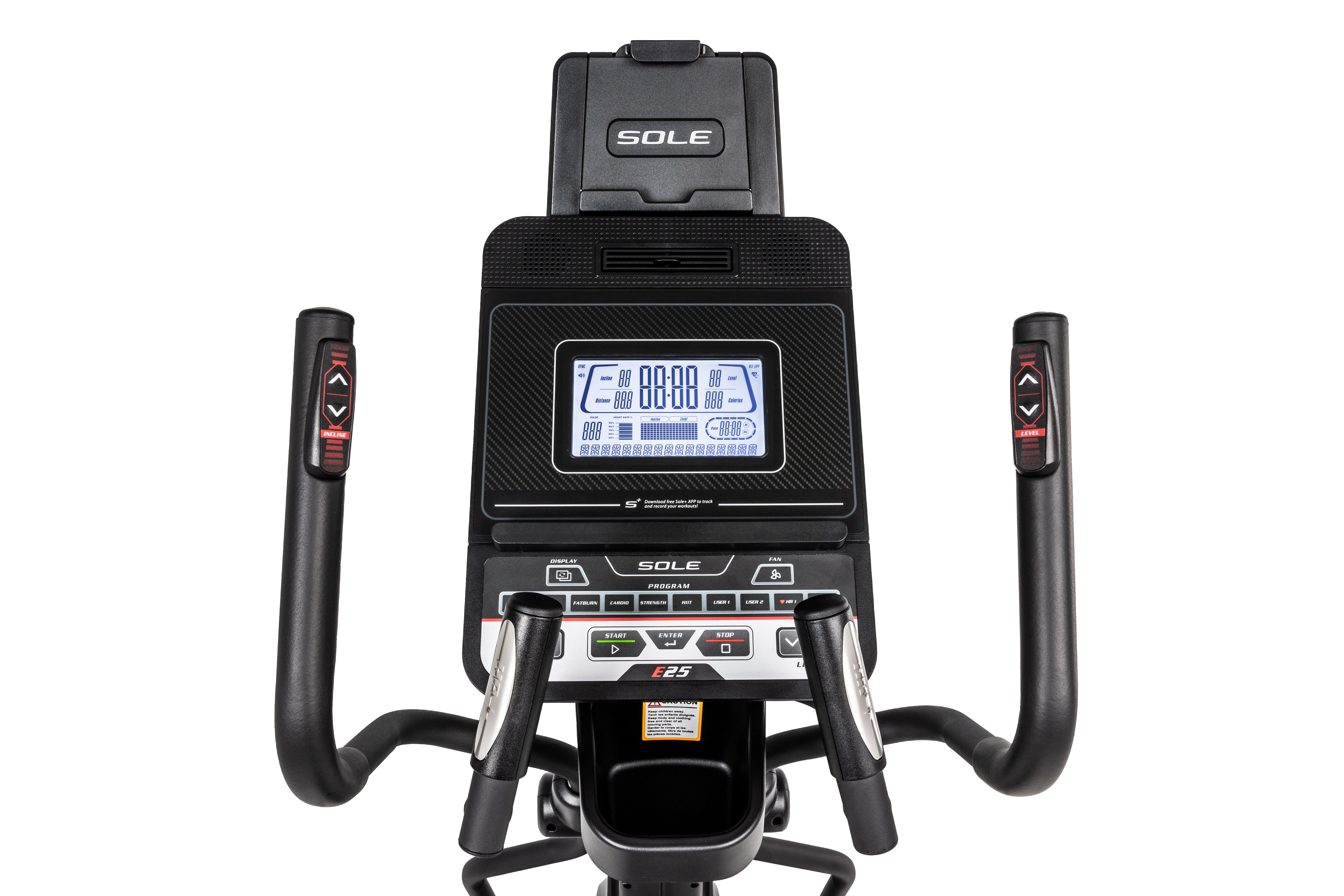 Close-up view of the Sole E25 elliptical machine's console, displaying the digital screen with workout metrics, brand logo, control buttons, and handlebars with resistance and incline adjustment buttons, set against a white background.