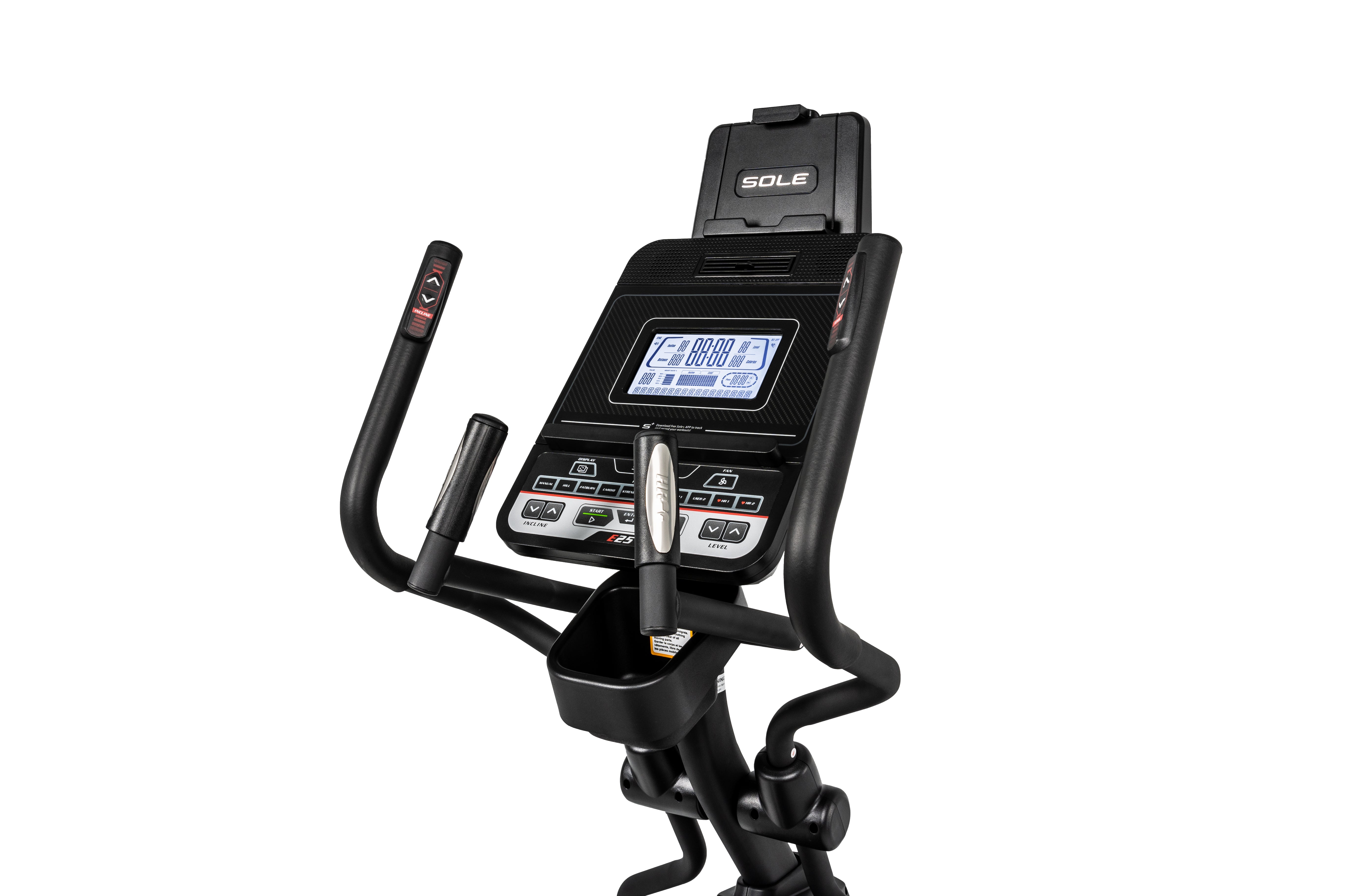 Angled view of the Sole E25 elliptical machine showcasing the digital console with workout metrics, control buttons, handlebars with adjustment buttons, and ergonomic design, set against a white background.