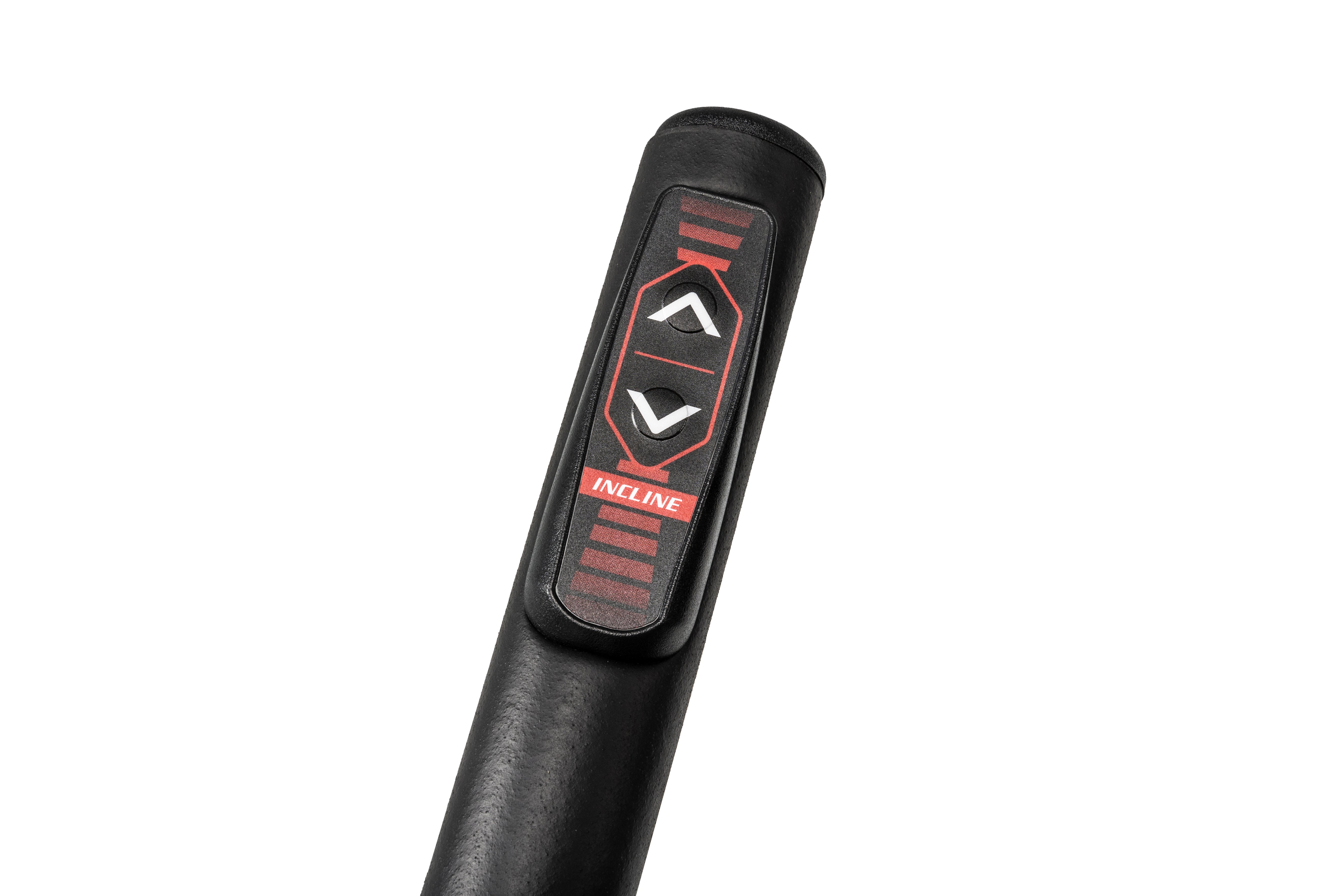 Close-up of the handlebar on the Sole E25 elliptical trainer, showcasing the red and black 'INCLINE' control buttons with up and down arrows, embedded on a sleek black surface.