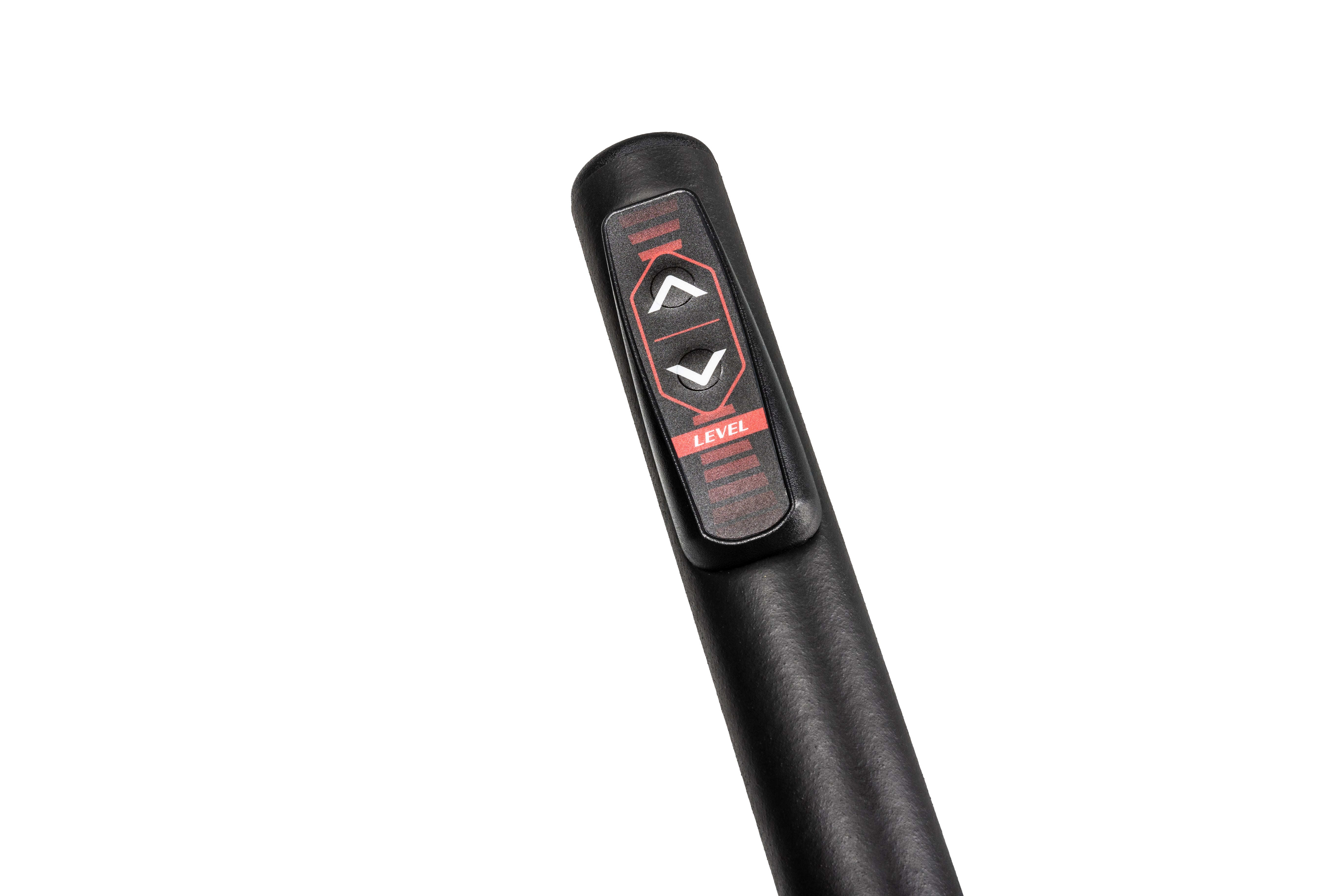 Close-up of the handlebar on the Sole E25 elliptical trainer, featuring the red and black 'LEVEL' control buttons with up and down arrows, set on a smooth black surface.