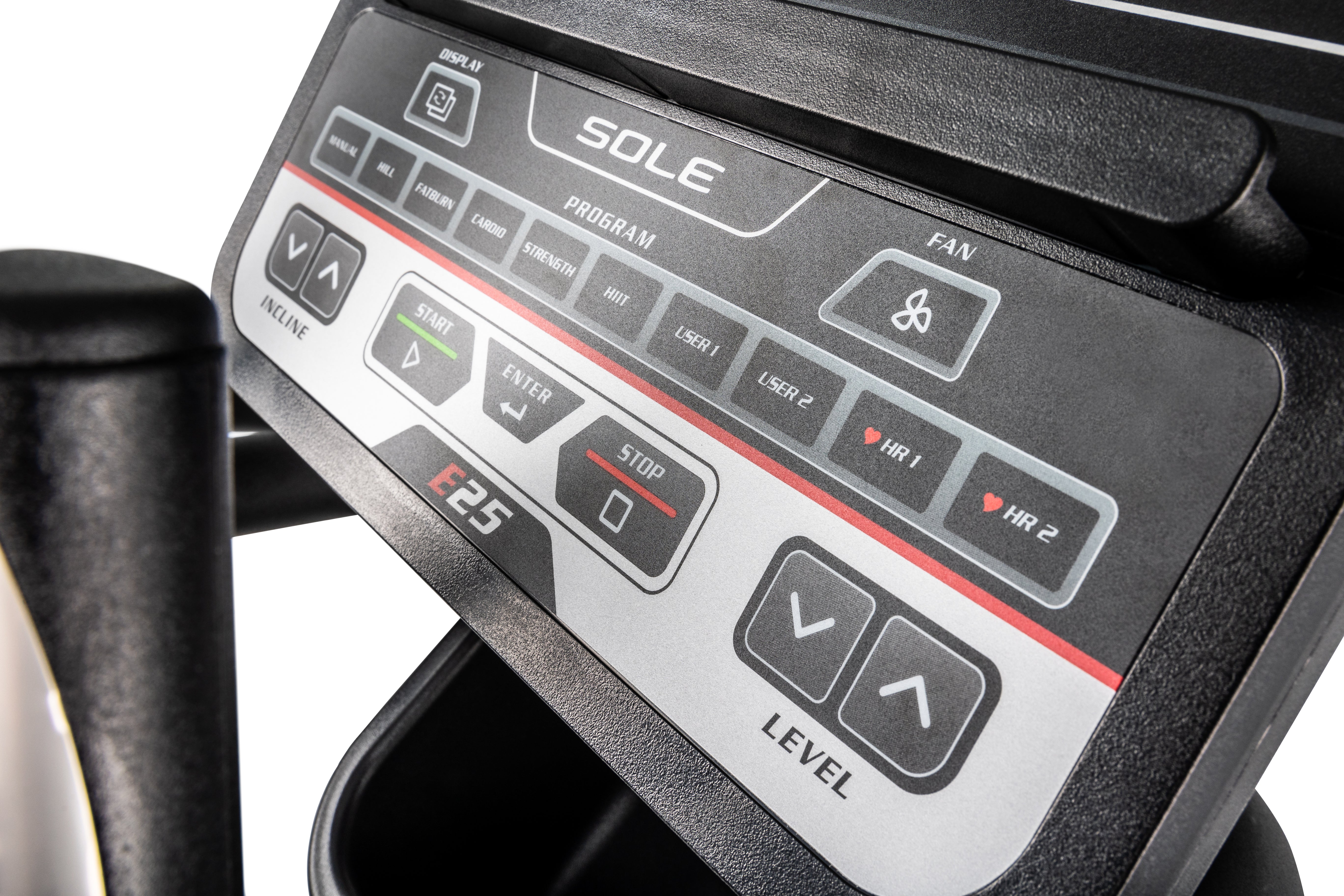 Close-up of the control panel on the Sole E25 elliptical trainer, displaying various labeled buttons such as 'INCLINE', 'PROGRAM', 'START', 'STOP', and 'LEVEL', along with the 'SOLE' logo and the model designation 'E25'.