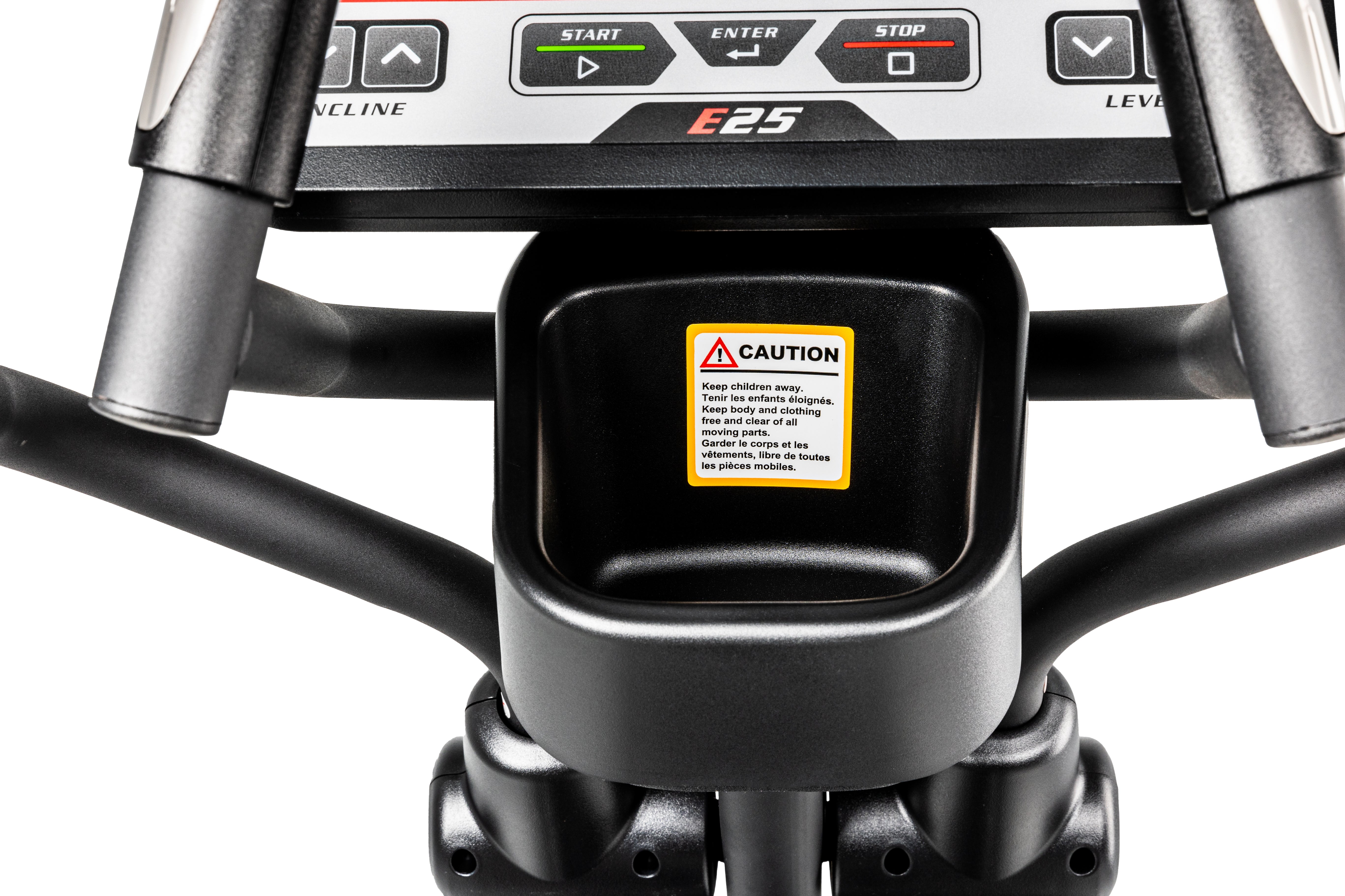 Top view of the Sole E25 elliptical trainer control panel featuring buttons for incline, start, enter, stop, and level adjustments, along with a caution sticker warning to keep children away and avoid moving parts.
