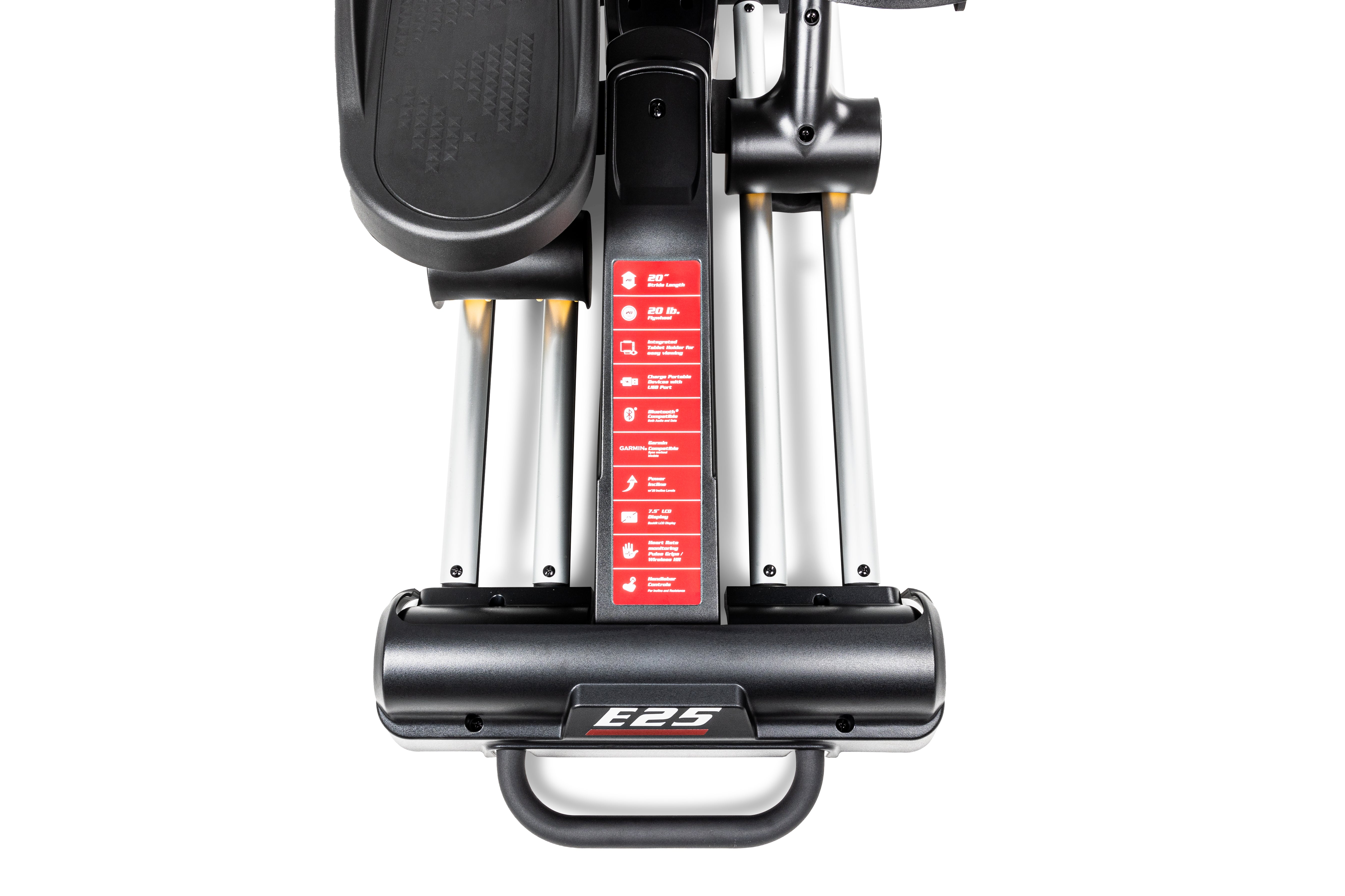 Close-up view of the base of the Sole E25 elliptical trainer, displaying its textured foot pedal, metallic support columns, red labeled instruction strip, and the 'E25' logo on the front guard.