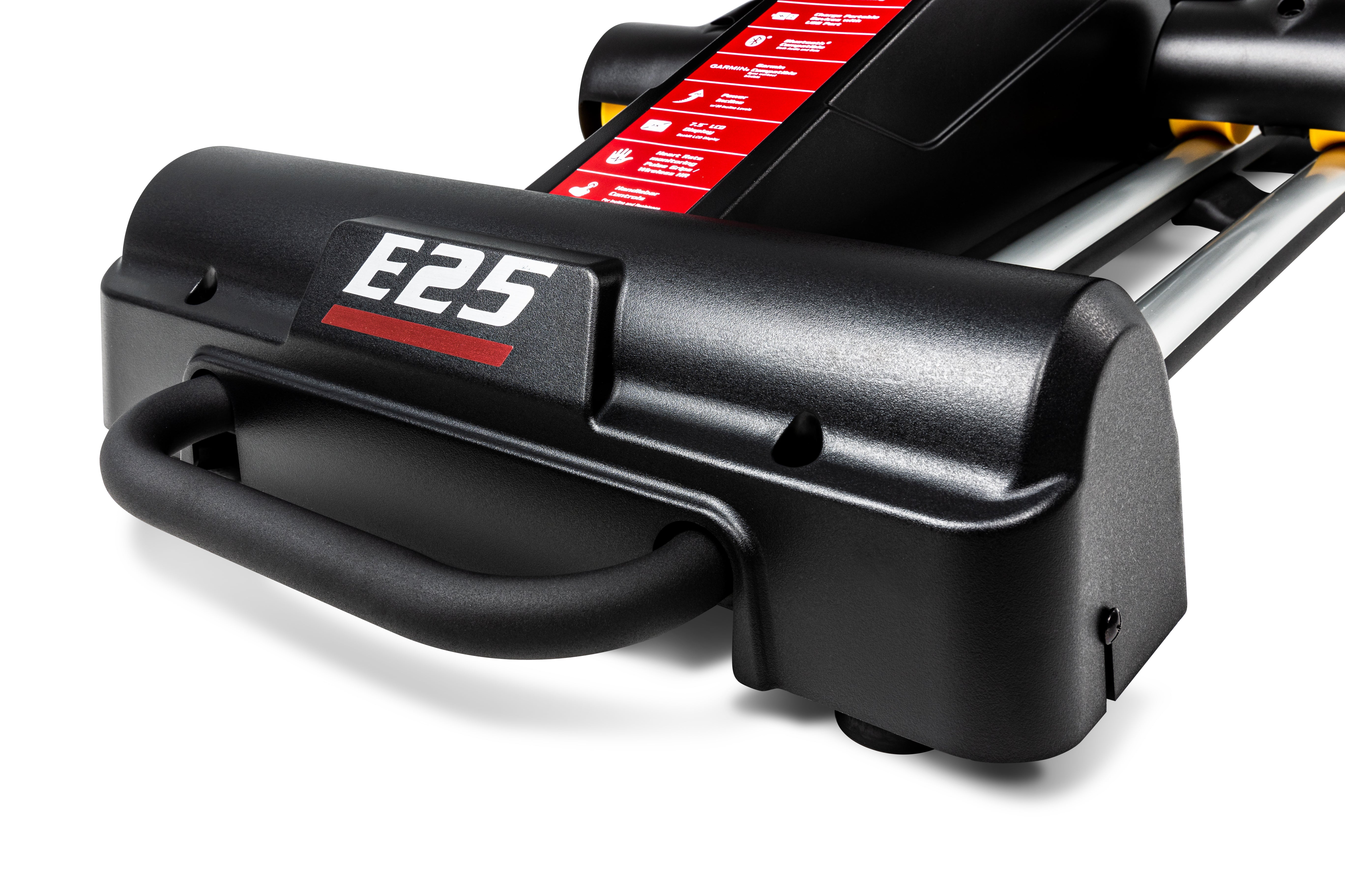 Detailed view of the Sole E25 elliptical machine's handlebar and side panel, emphasizing the 'E25' logo, black matte finish, and a portion of the control panel with red labeled buttons.