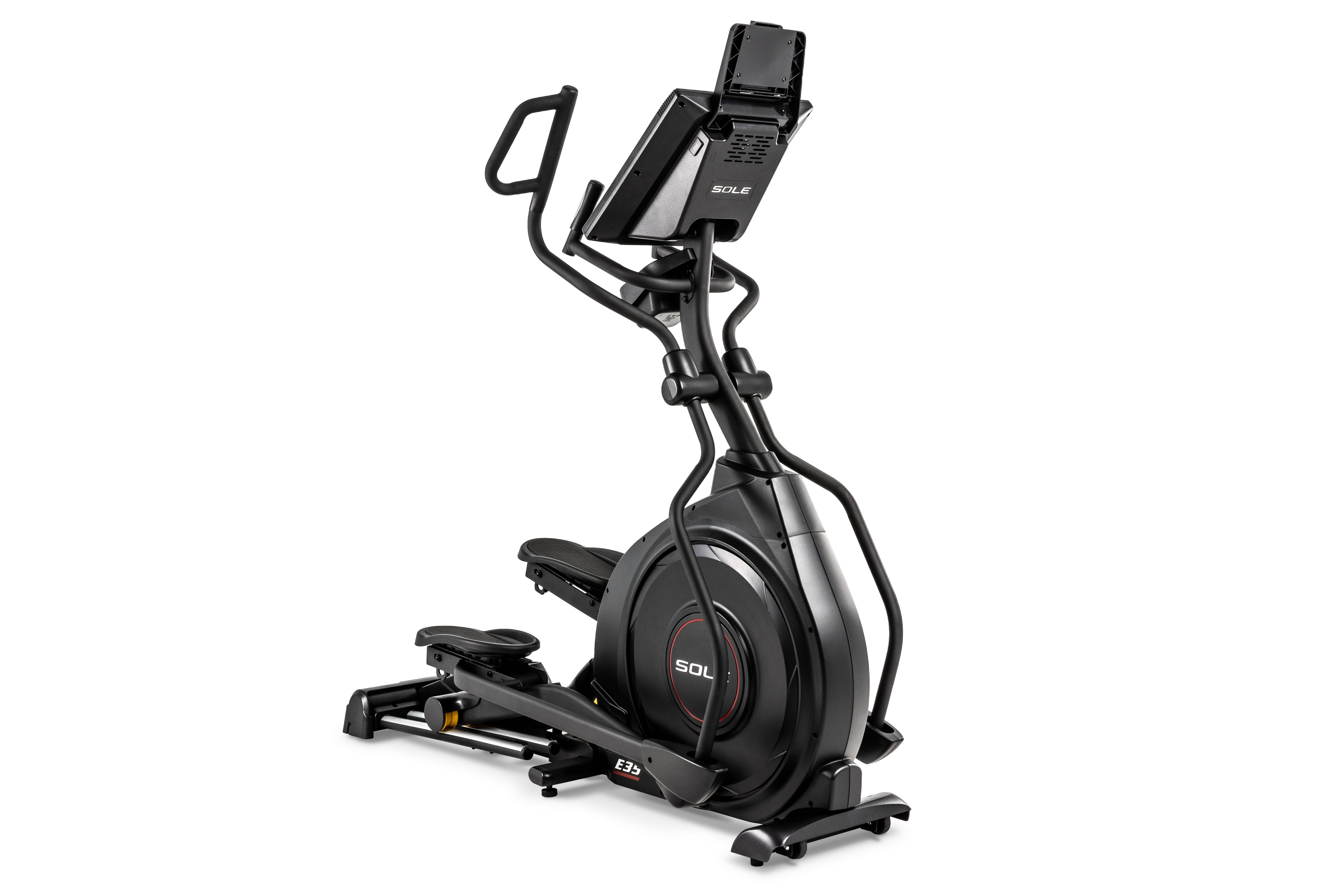 Sole E35 elliptical trainer in a three-quarter view, displaying its ergonomic handlebars, black frame, central flywheel with 'SOLE' branding, and adjustable foot pedals. An 'E35' label is visible on the lower part of the frame.