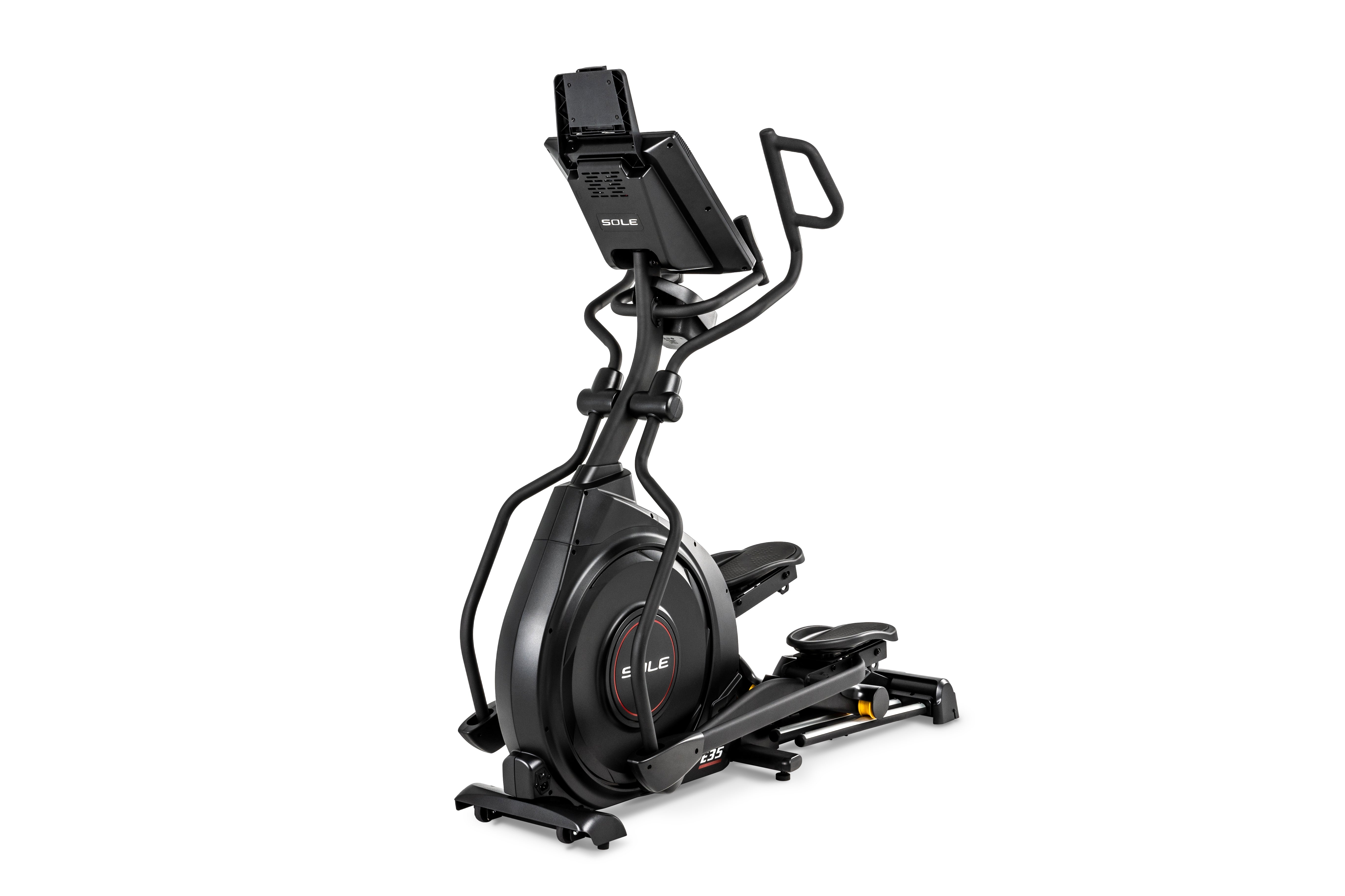 Sole E35 elliptical machine with a prominent display console, curved handlebars, black metallic body, central circular flywheel with 'SOLE' branding, and adjustable footrests. The model number 'E35' is labeled on the bottom front of the frame.