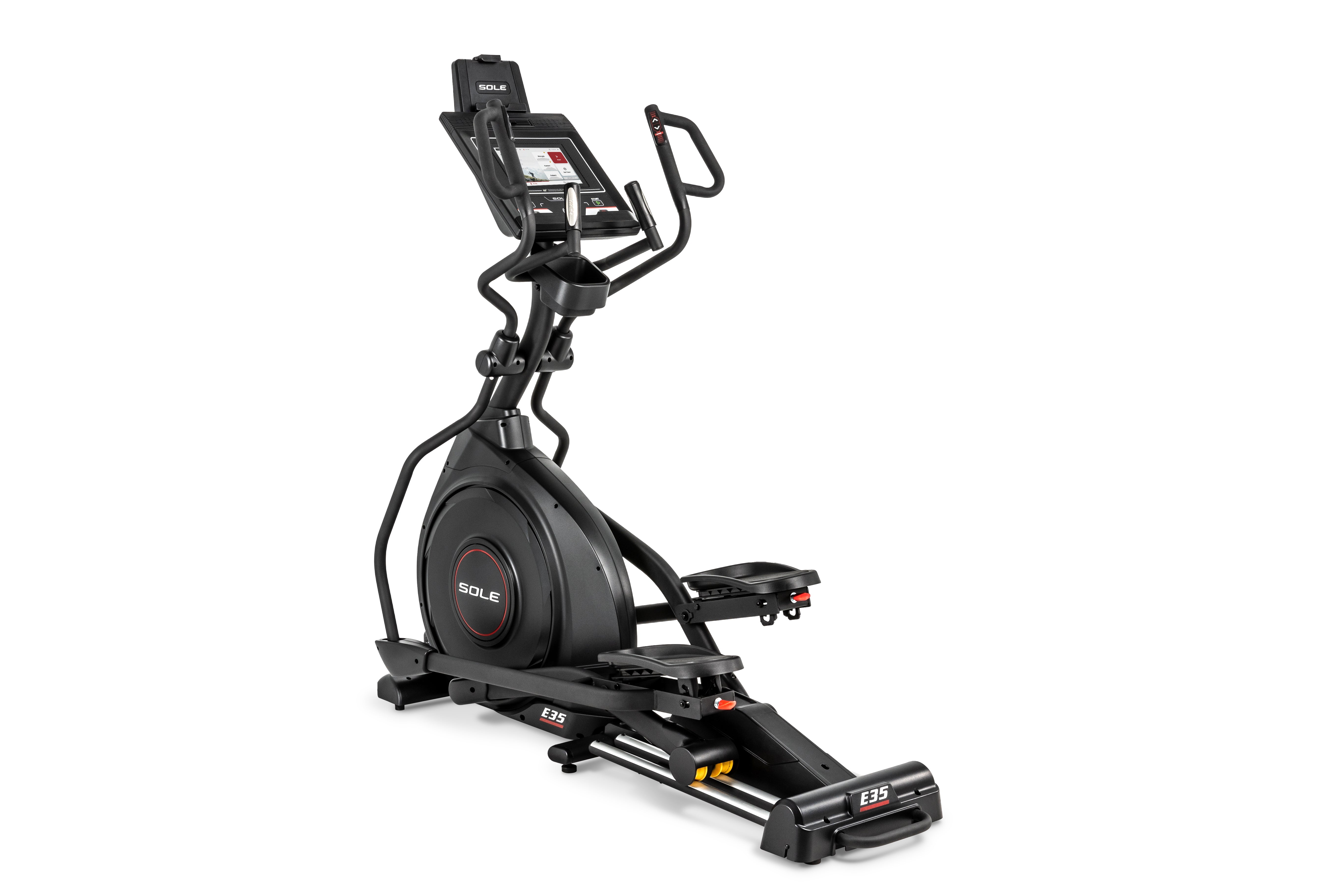 Full view of the Sole E35 elliptical machine featuring a digital touchscreen display, ergonomic handlebars, and a prominent black wheel with the "SOLE" logo. The machine is designed with adjustable foot pedals, labeled "E35", and various adjustment switches for a personalized workout experience.