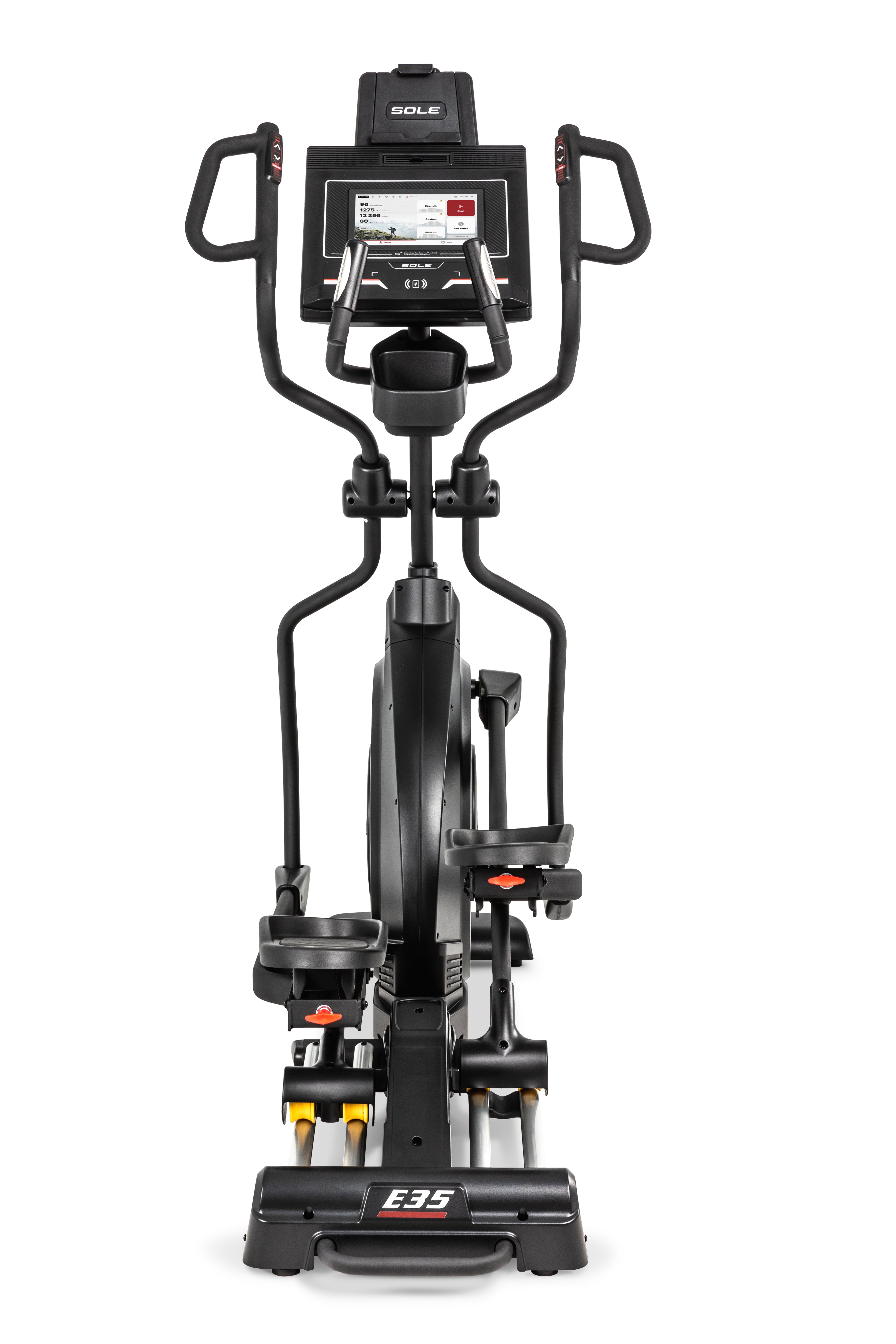 Frontal view of the Sole E35 elliptical machine, showcasing its digital touchscreen display set atop a symmetric design. The machine features ergonomic handlebars, adjustable foot pedals with labeled "E35", and safety switches. The overall color scheme is a sleek black with contrasting red and yellow adjustment components.