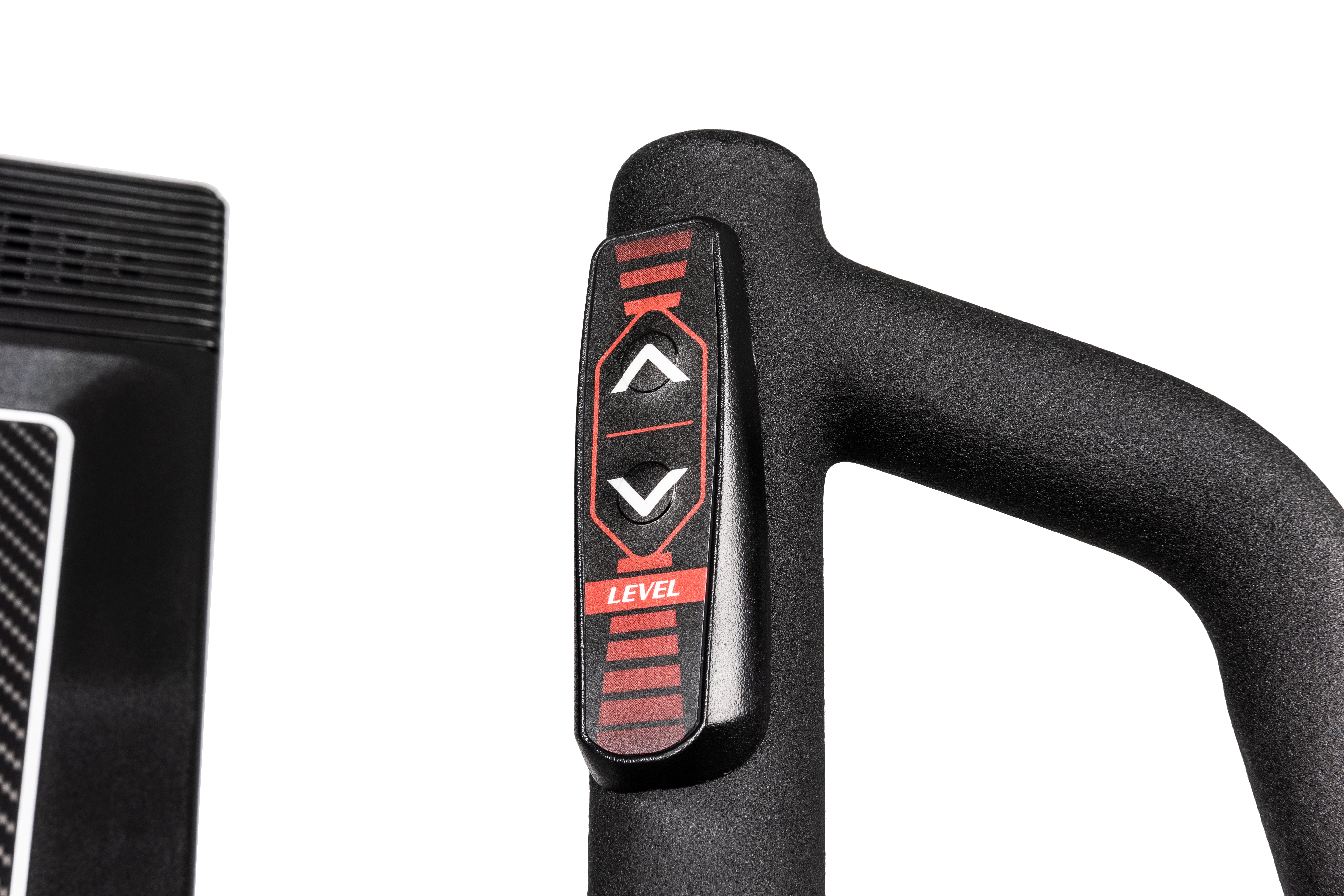 Close-up of the Sole E35 elliptical machine's handlebar, showcasing the textured grip and the "LEVEL" control buttons. The buttons, outlined in red, feature upward and downward arrows for resistance level adjustments. A portion of the machine's screen can be seen to the left, with a predominantly white background.