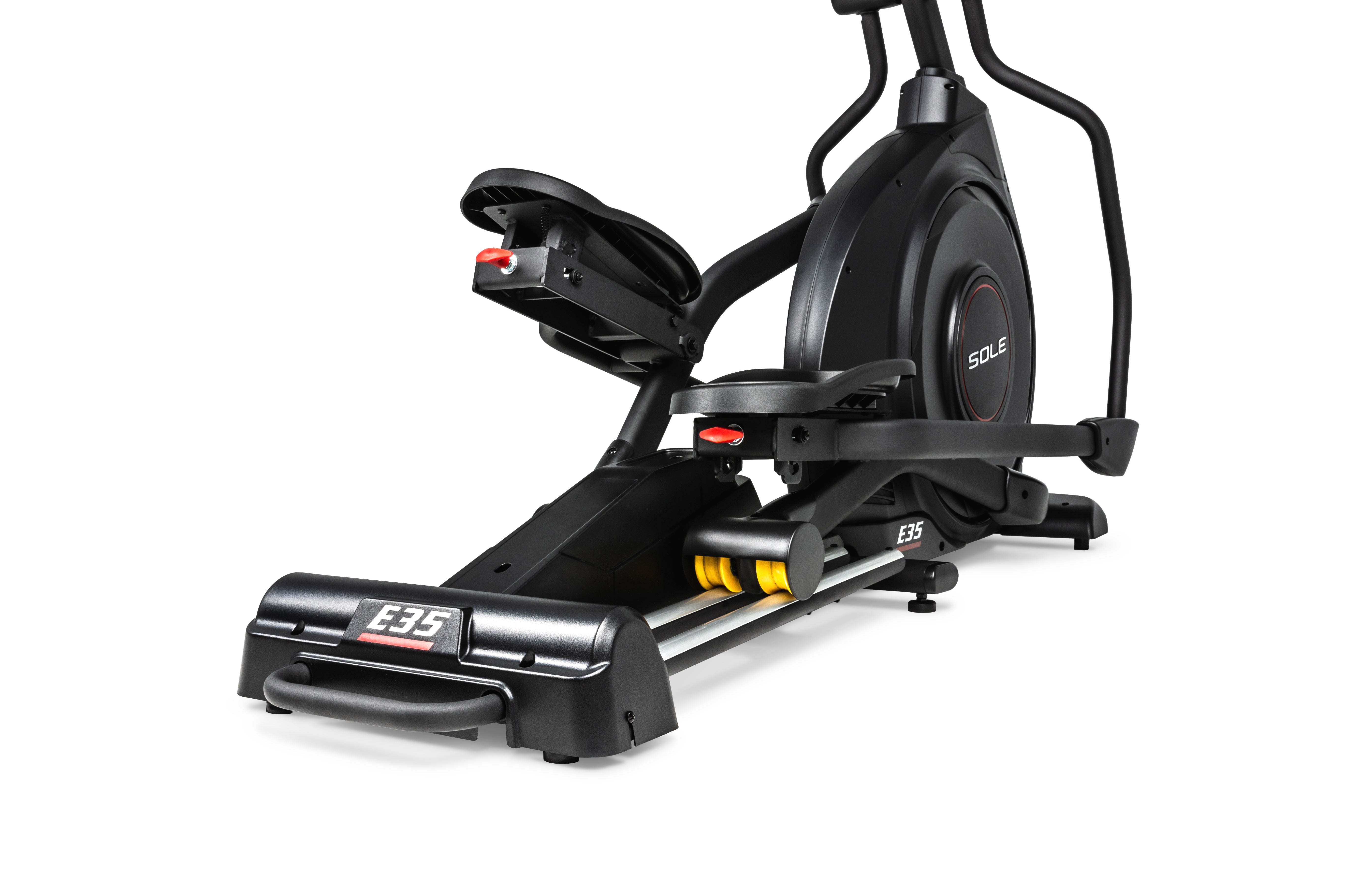 Side view of a Sole E35 elliptical trainer showcasing its pedals, handlebars, and flywheel.