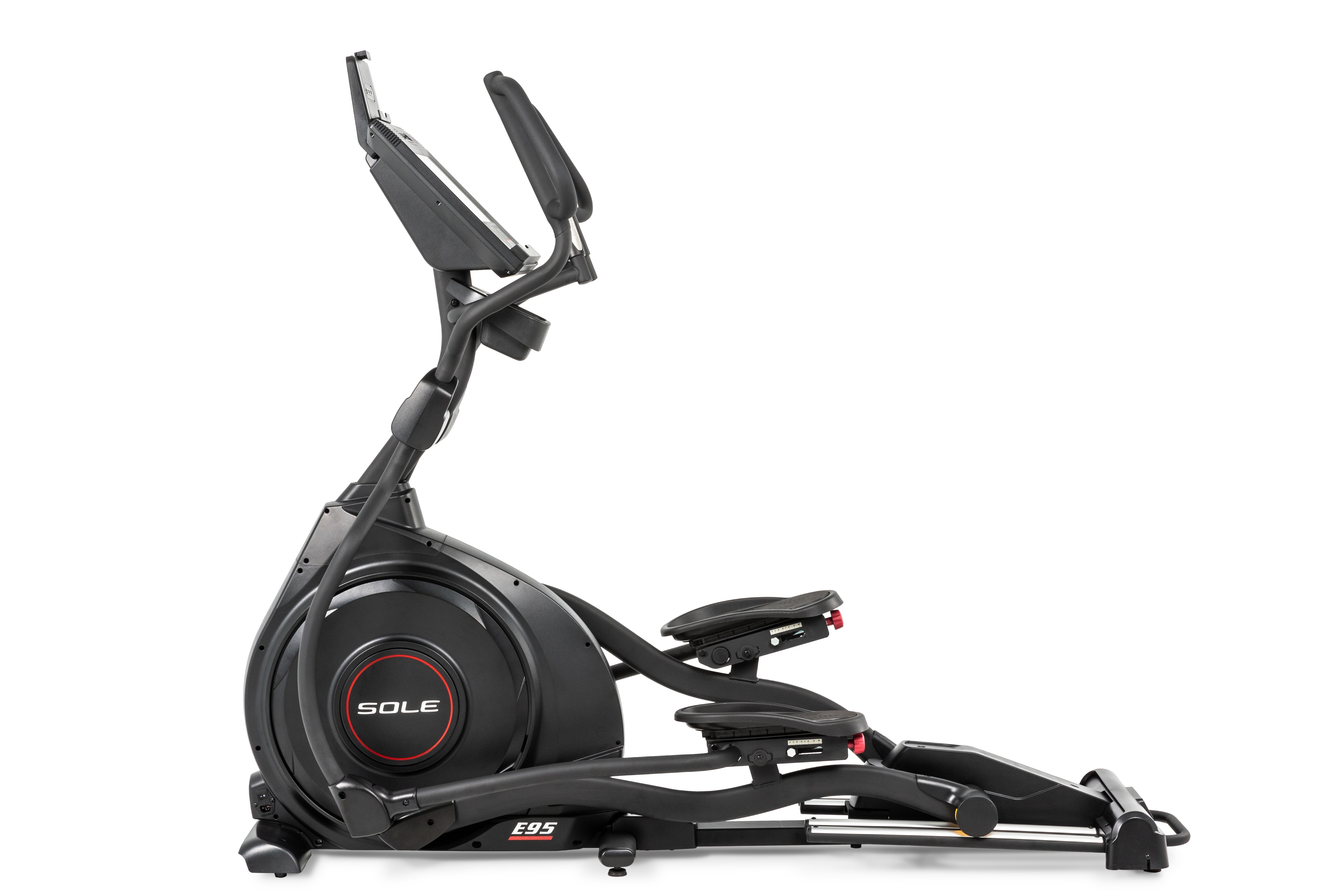 An image of the Sole E95 elliptical trainer, showcasing its side profile with a prominent SOLE logo on the flywheel, adjustable foot pedals, ergonomic handlebars, and a mounted digital display at the top.