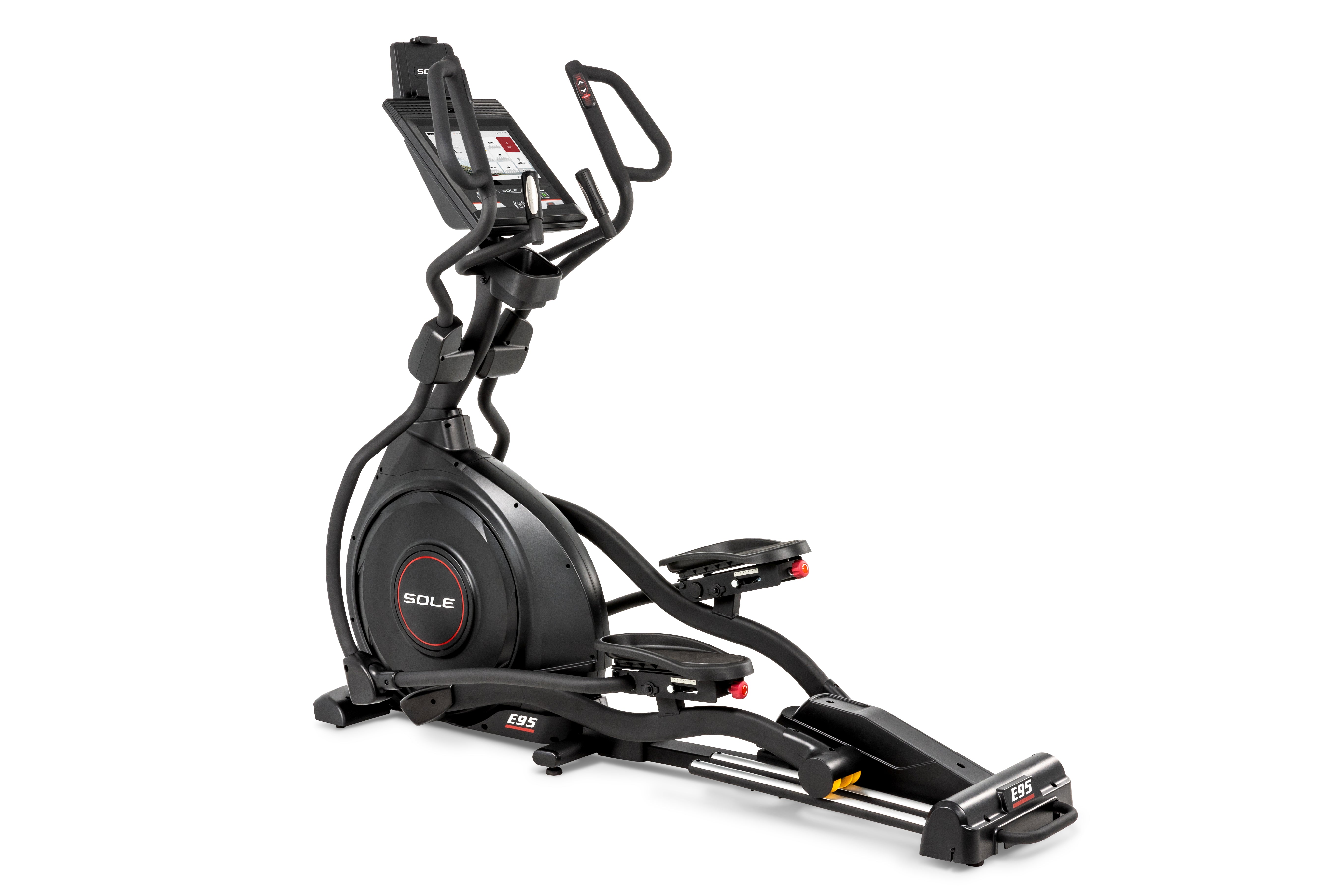 Sole E95 elliptical trainer featuring a digital display monitor, ergonomic handlebars, and adjustable foot pedals, set against a black and silver frame with the prominent 'SOLE' logo on the main wheel and 'E95' branding on the base.