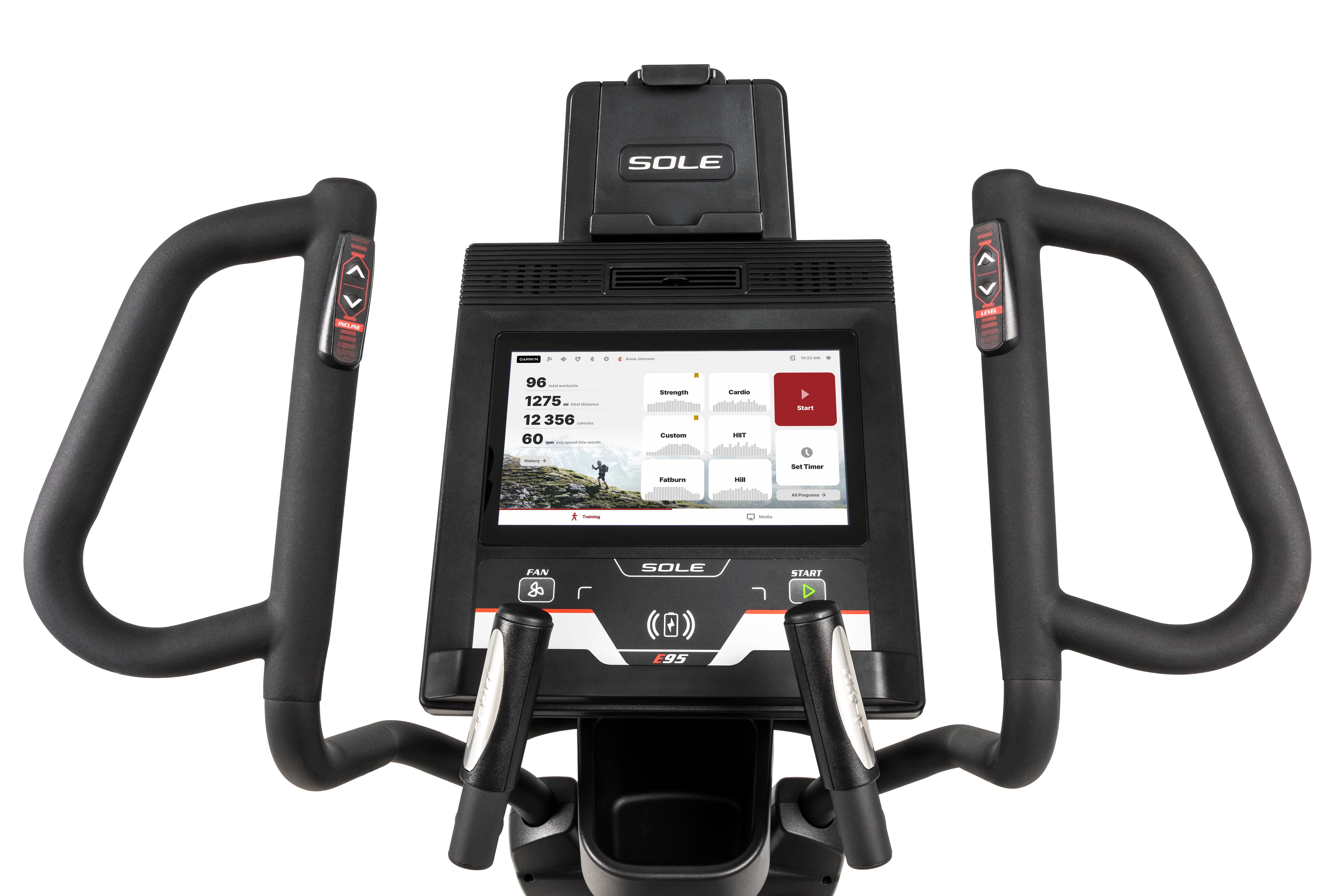 Close-up view of the Sole E95 elliptical trainer's console, highlighting its large touchscreen display with various workout metrics, buttons labeled 'FAN', 'DISPLAY', 'START', and 'STOP', and the 'SOLE' branding on the upper tablet holder and the 'E95' label on the lower console. The image also showcases the curved handlebars with heart rate sensors and control buttons.