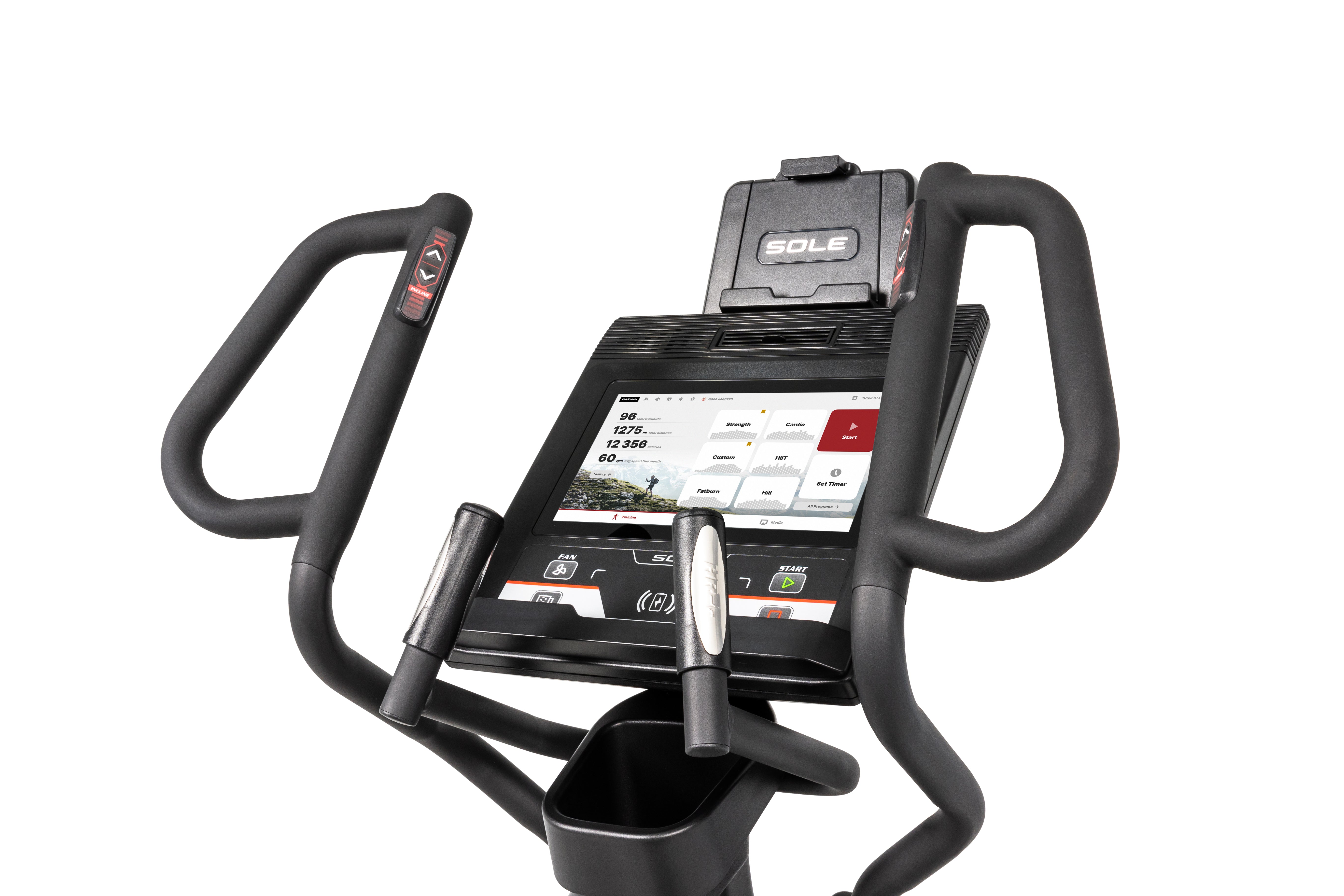 Angled close-up of the Sole E95 elliptical trainer showcasing the handlebars with control buttons and heart rate sensors, a detailed touchscreen display featuring various workout metrics, and the 'SOLE' branding on the upper tablet holder. The image also captures a portion of the stationary handle with grip and a cup holder beneath the console.