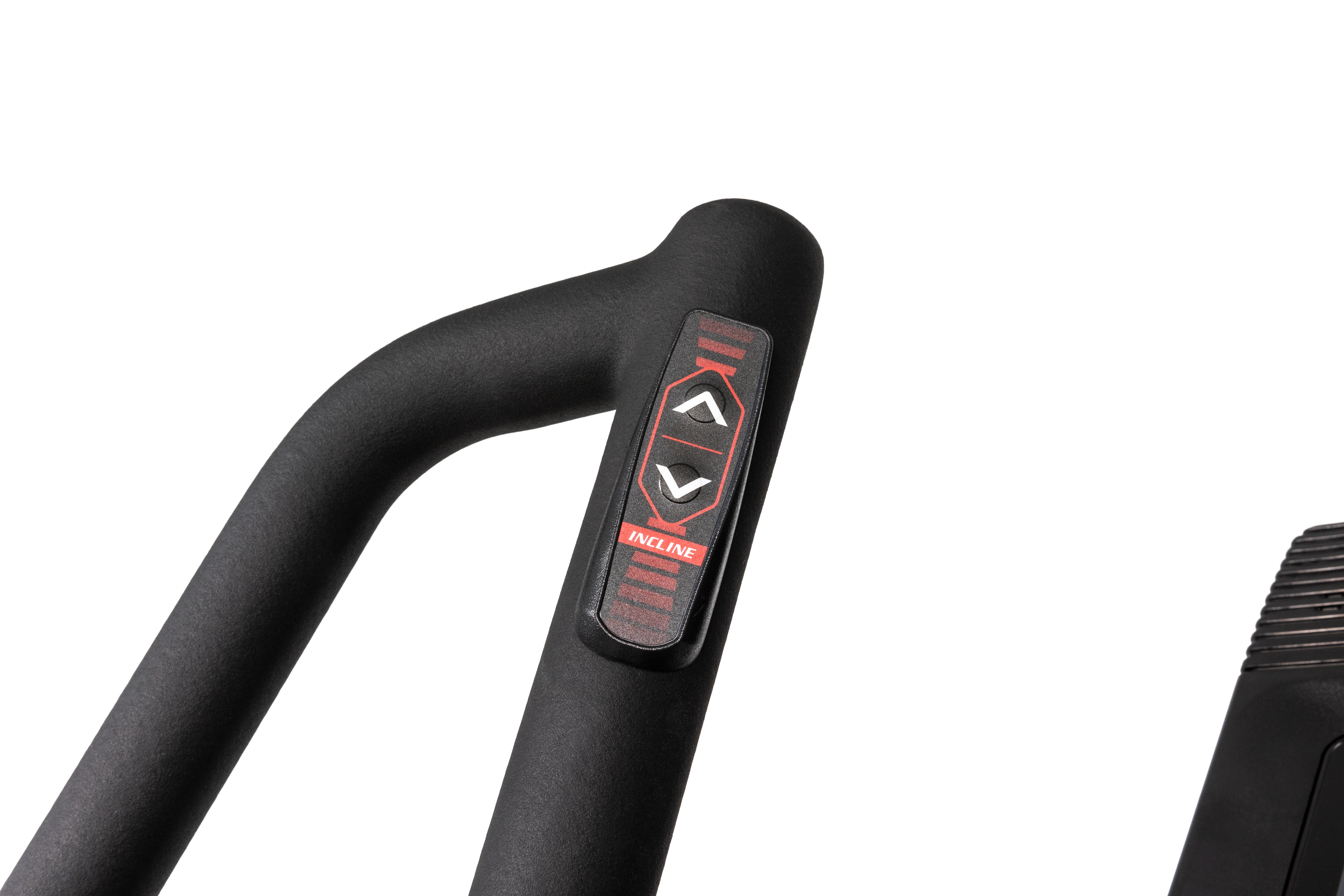 Close-up view of the Sole E95 elliptical trainer's handlebar, focusing on the 'INCLINE' control buttons. The button panel is red with white arrow symbols pointing up and down, indicating adjustments for incline. The handlebar is matte black with a smooth finish.