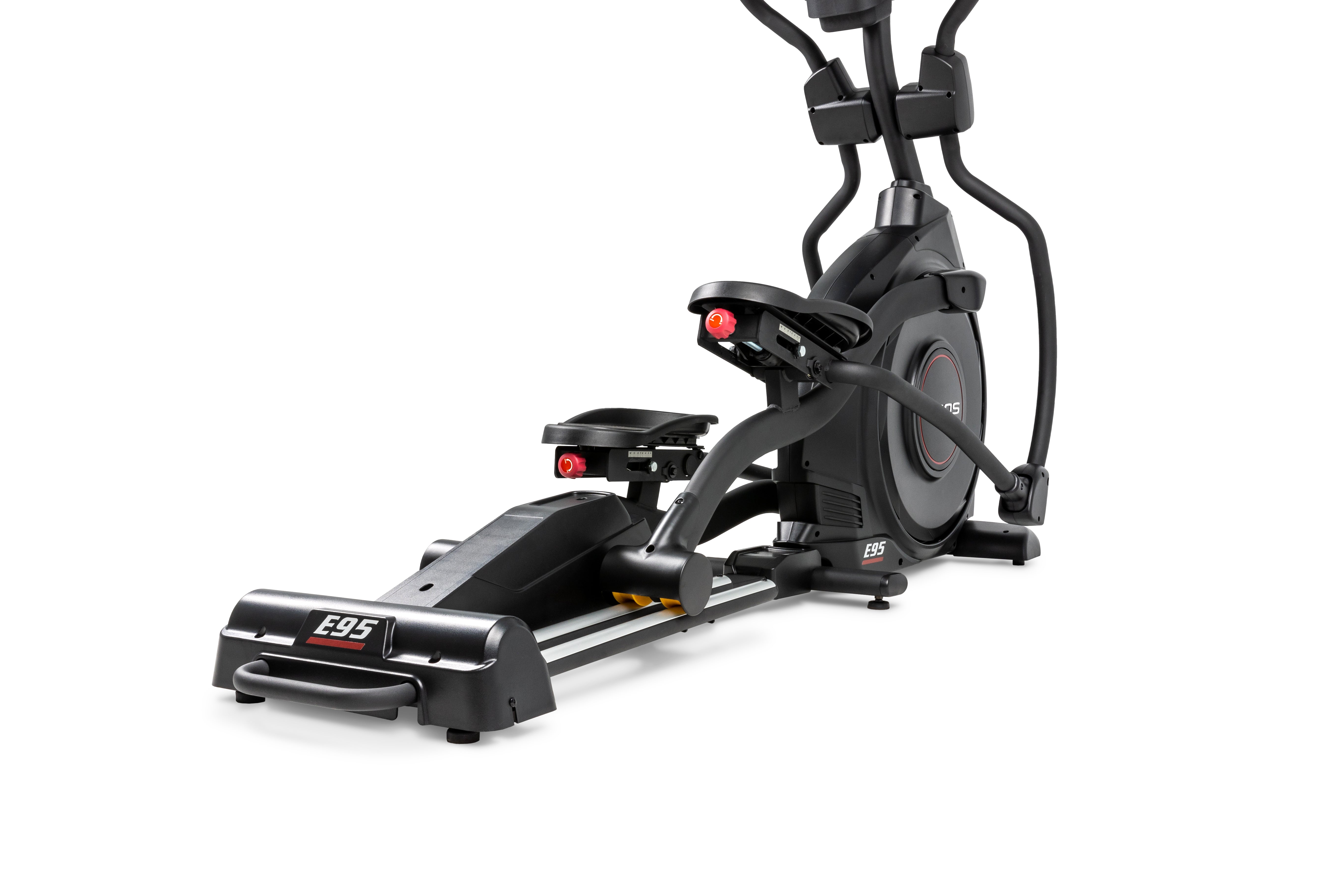 Full side view of the Sole E95 elliptical machine, showcasing its black frame, handlebars, foot pedals, and control panel, with prominent 'E95' branding on the base.