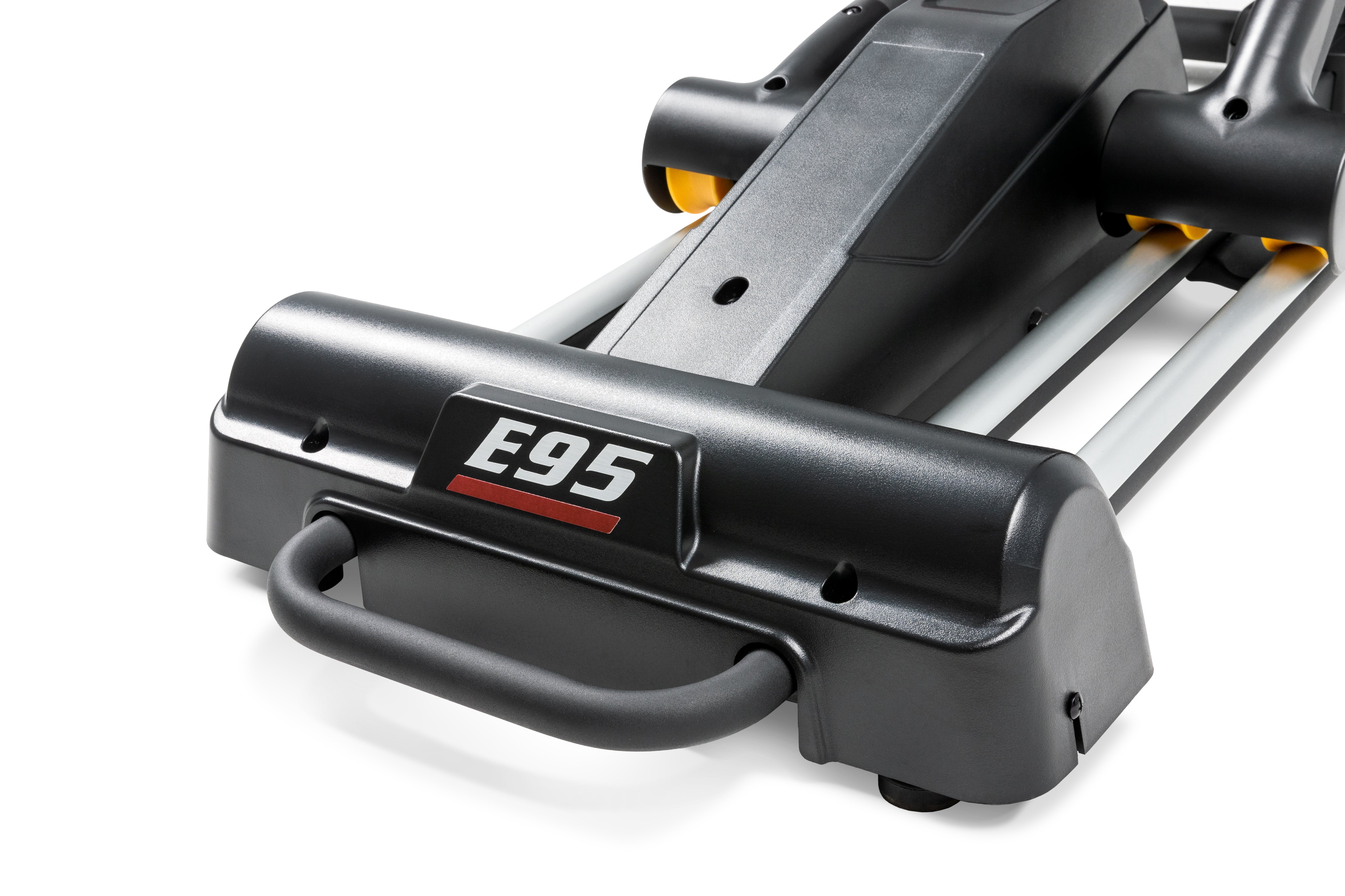 Close-up view of the base of the Sole E95 elliptical machine, highlighting the 'E95' branding on a metallic grey finish, yellow wheels, and sturdy handle.