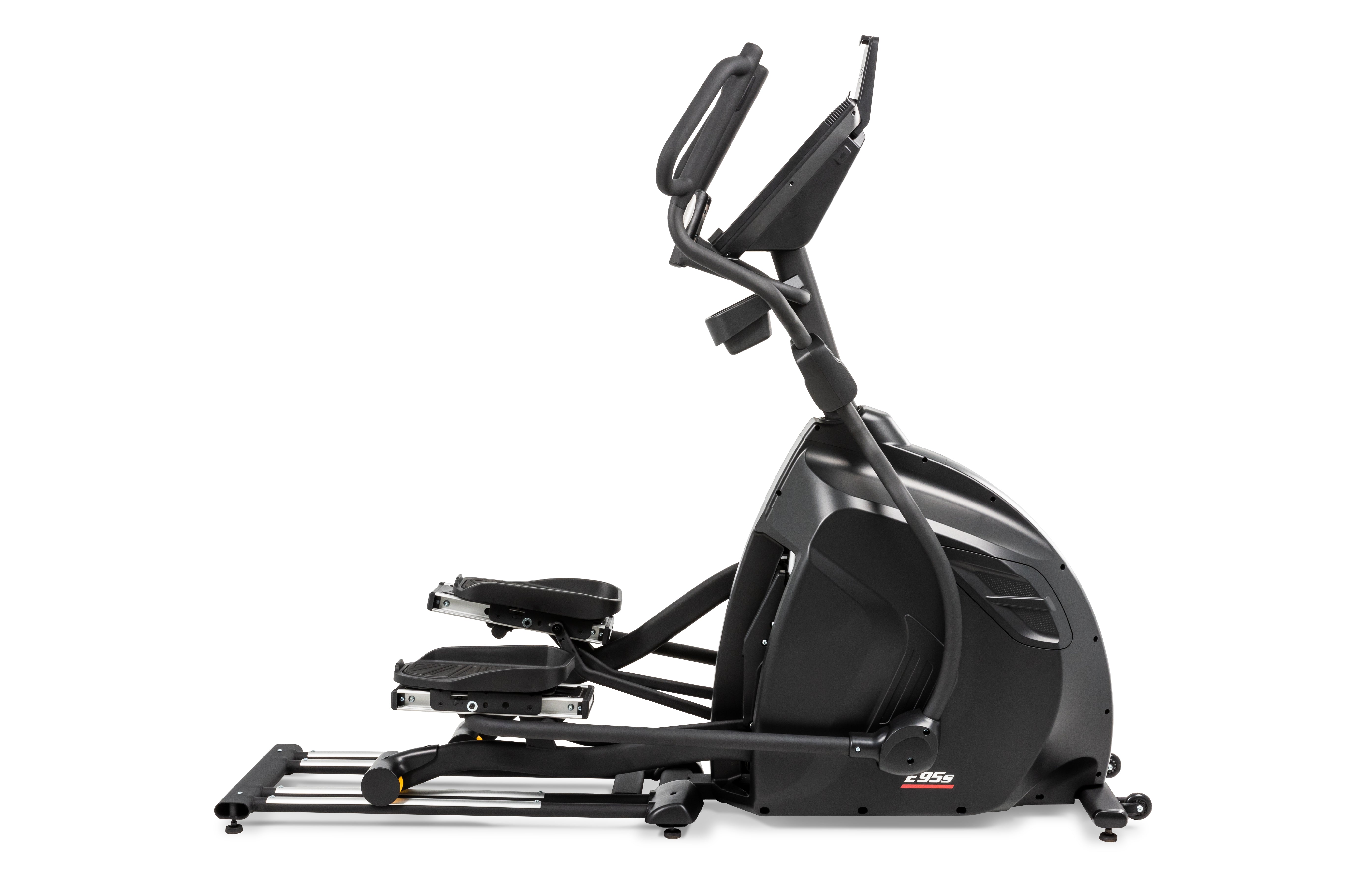 Side profile of the Sole E95S elliptical machine showcasing its sleek black design, adjustable foot pedals, curved handlebars, a prominent digital display panel, and a sturdy base with a yellow folding release lever and wheels for mobility.