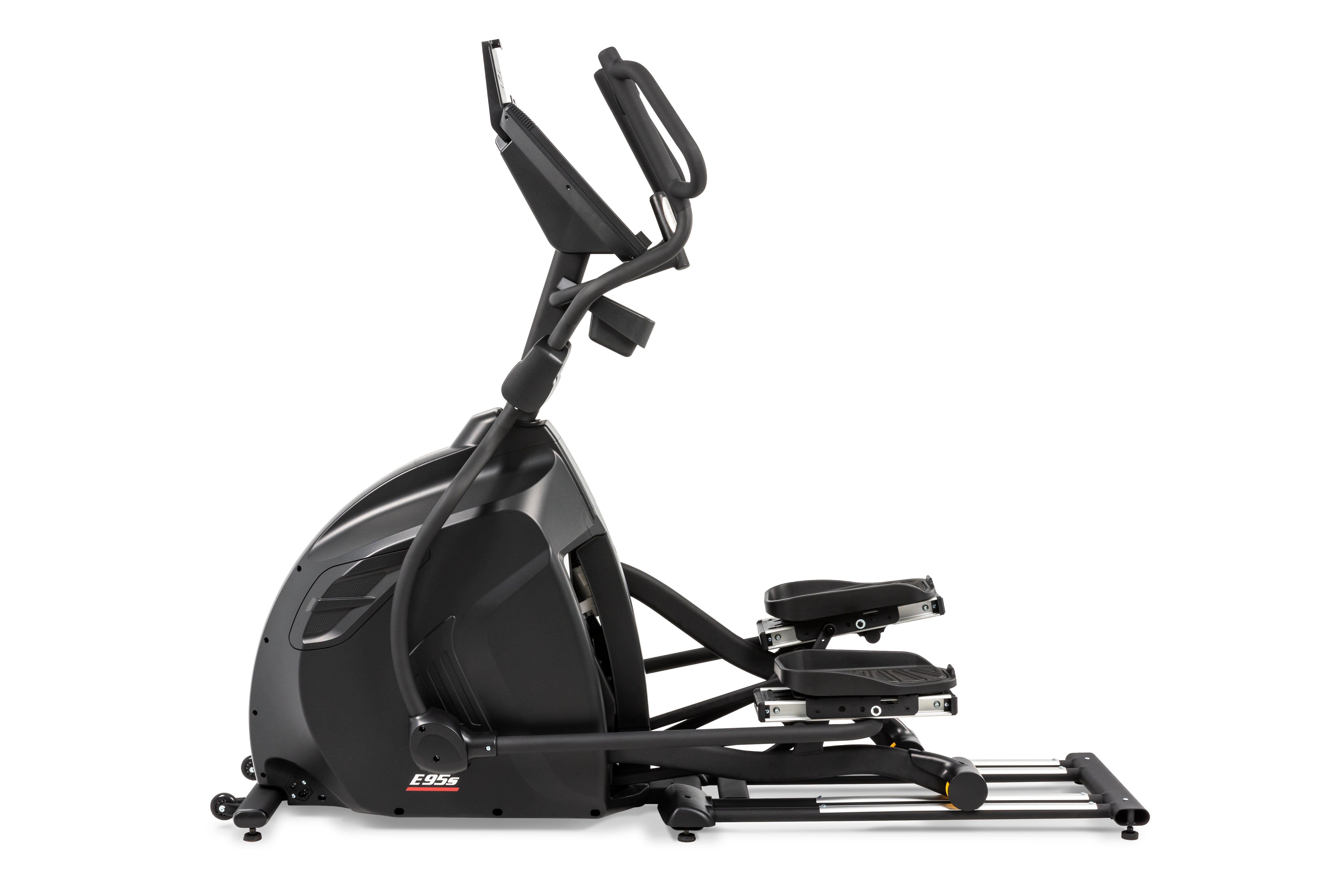 Side profile of the Sole E95S elliptical machine showcasing its sleek black design, adjustable foot pedals, curved handlebars, a prominent digital display panel, and a sturdy base with a yellow folding release lever and wheels for mobility.