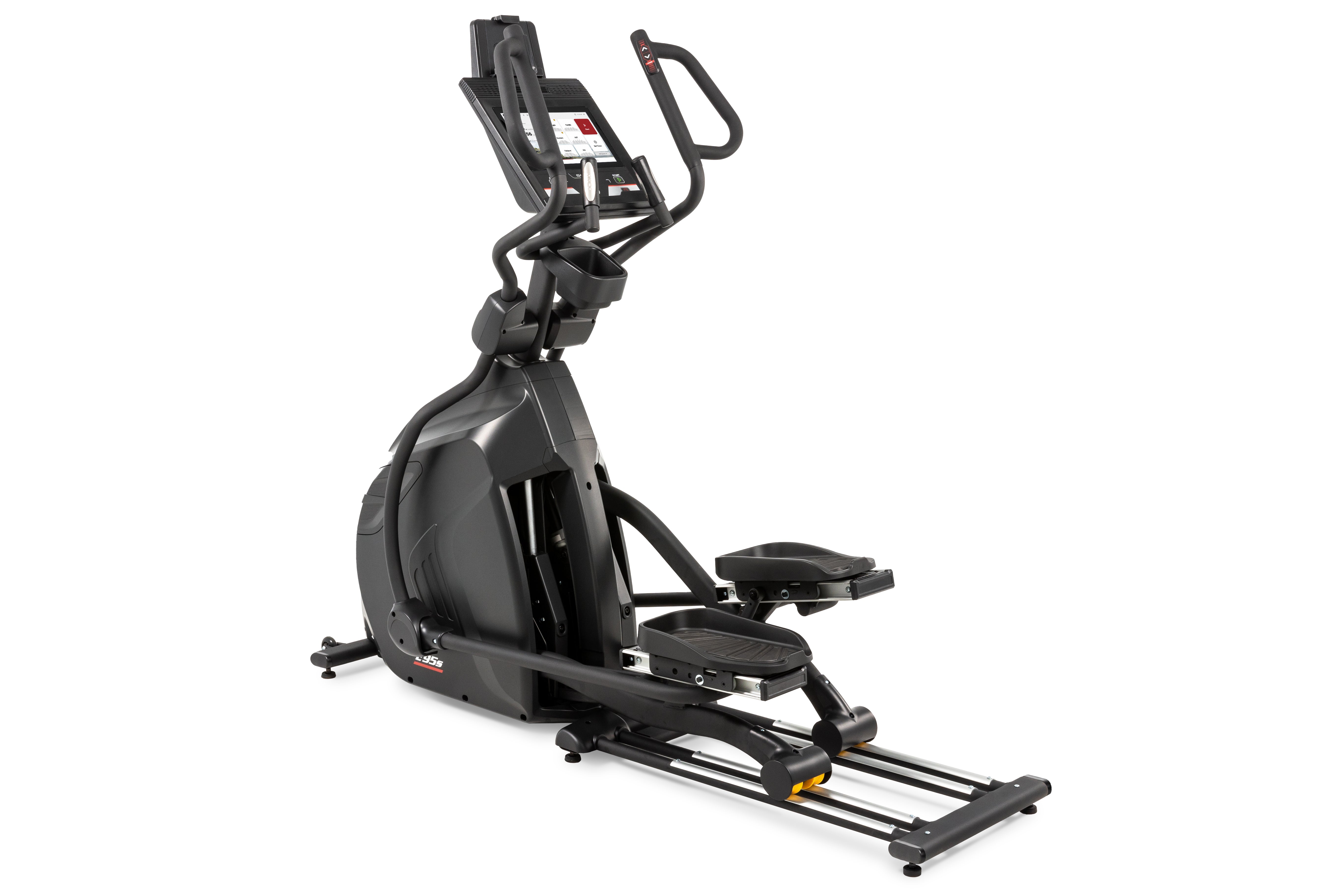 Angled view of the Sole E95S elliptical trainer featuring its adjustable foot pedals, ergonomic handlebars, a digital display screen, a central dark gray housing, and a black base with stabilizing wheels and a yellow folding release lever.