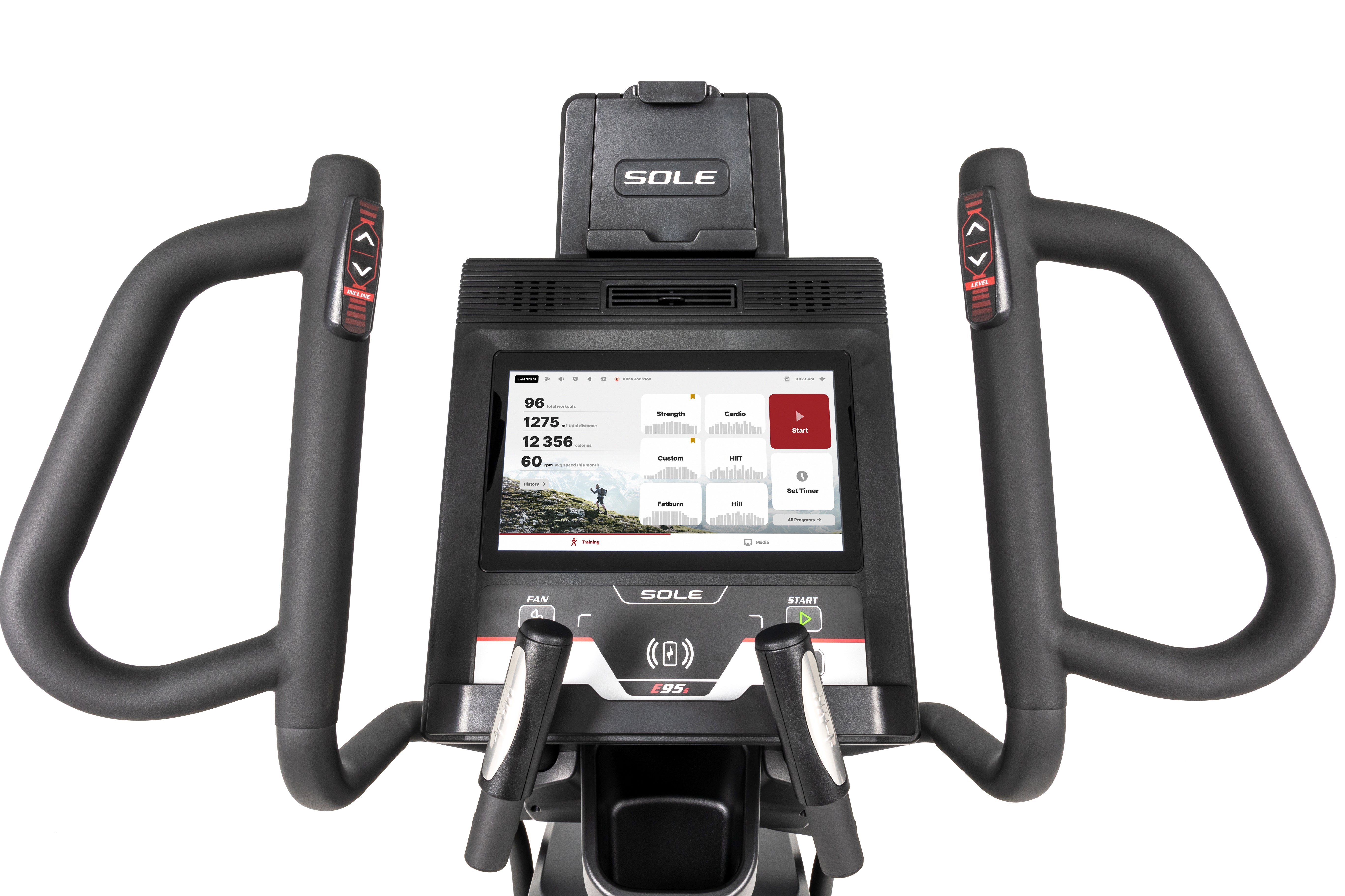 Close-up view of the Sole E95S elliptical machine's upper console, displaying a digital screen with workout metrics, adjustable handlebars with heart rate sensors, and dedicated buttons for easy navigation.
