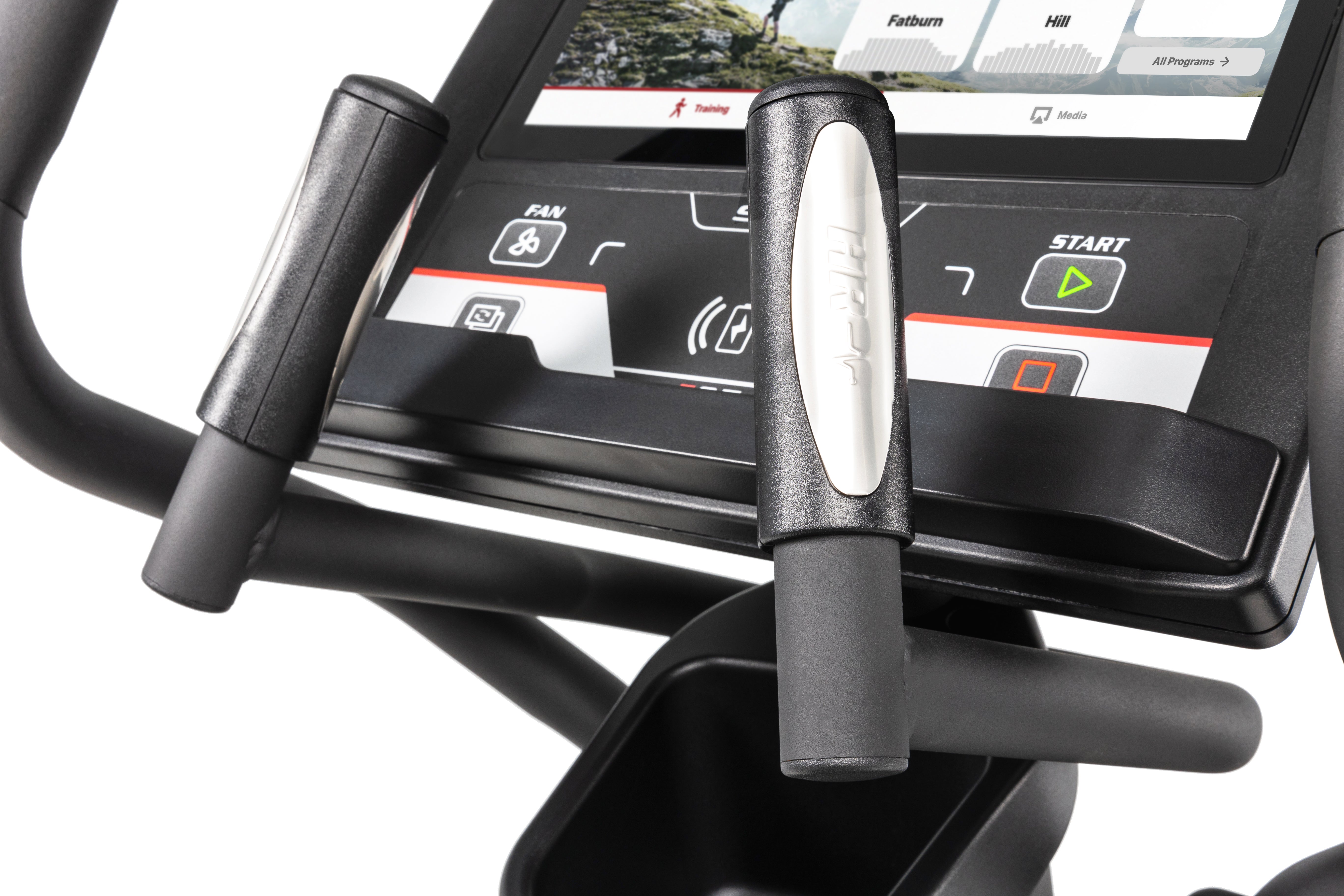 Close-up of the Sole E95S elliptical machine's console, highlighting the touchscreen with workout options, tactile buttons for fan and start, and ergonomic grip handles with integrated heart rate monitors on either side.