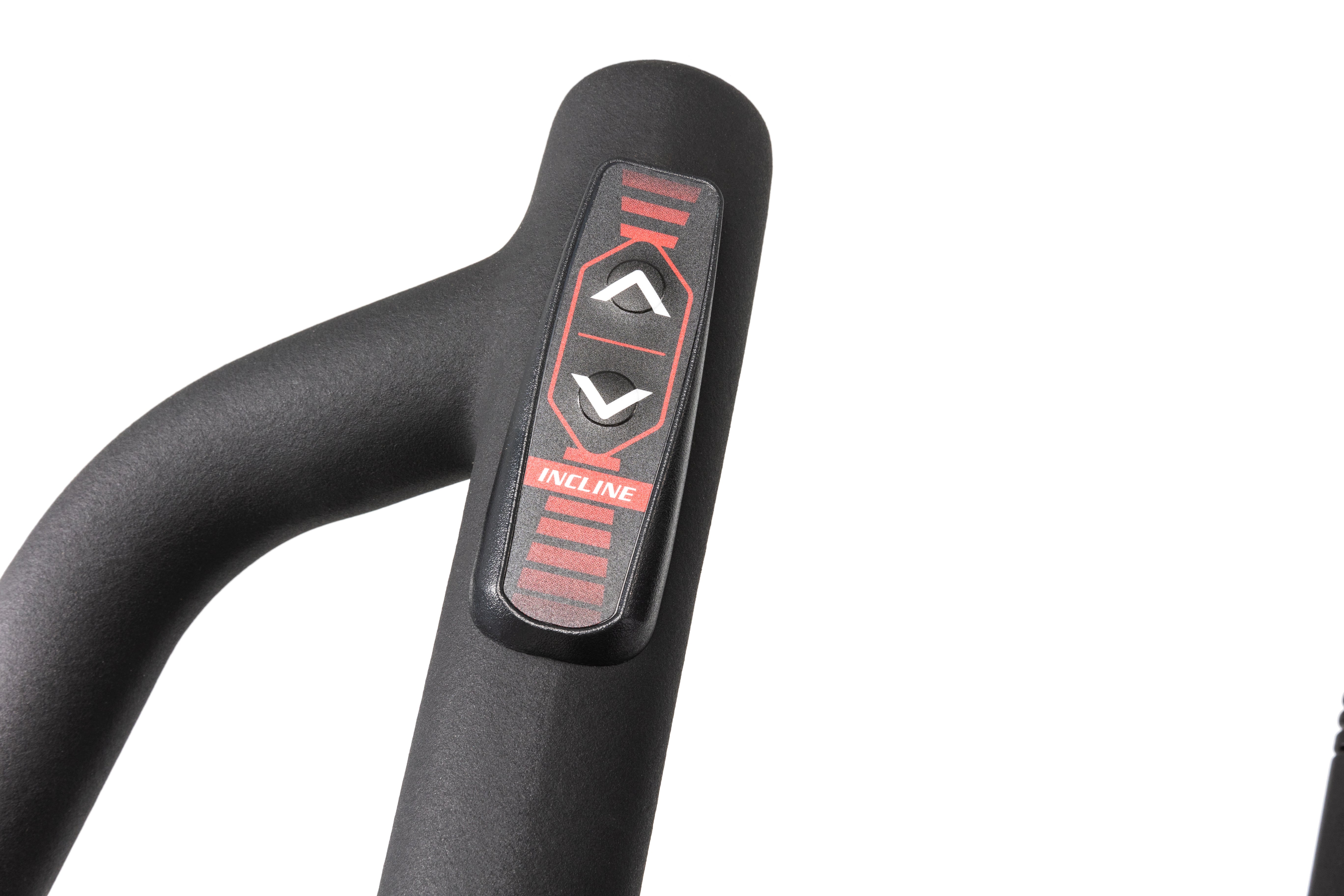 Close-up of the Sole E95S elliptical machine's handle, showcasing the "INCLINE" adjustment button with up and down arrows on a sleek black grip.