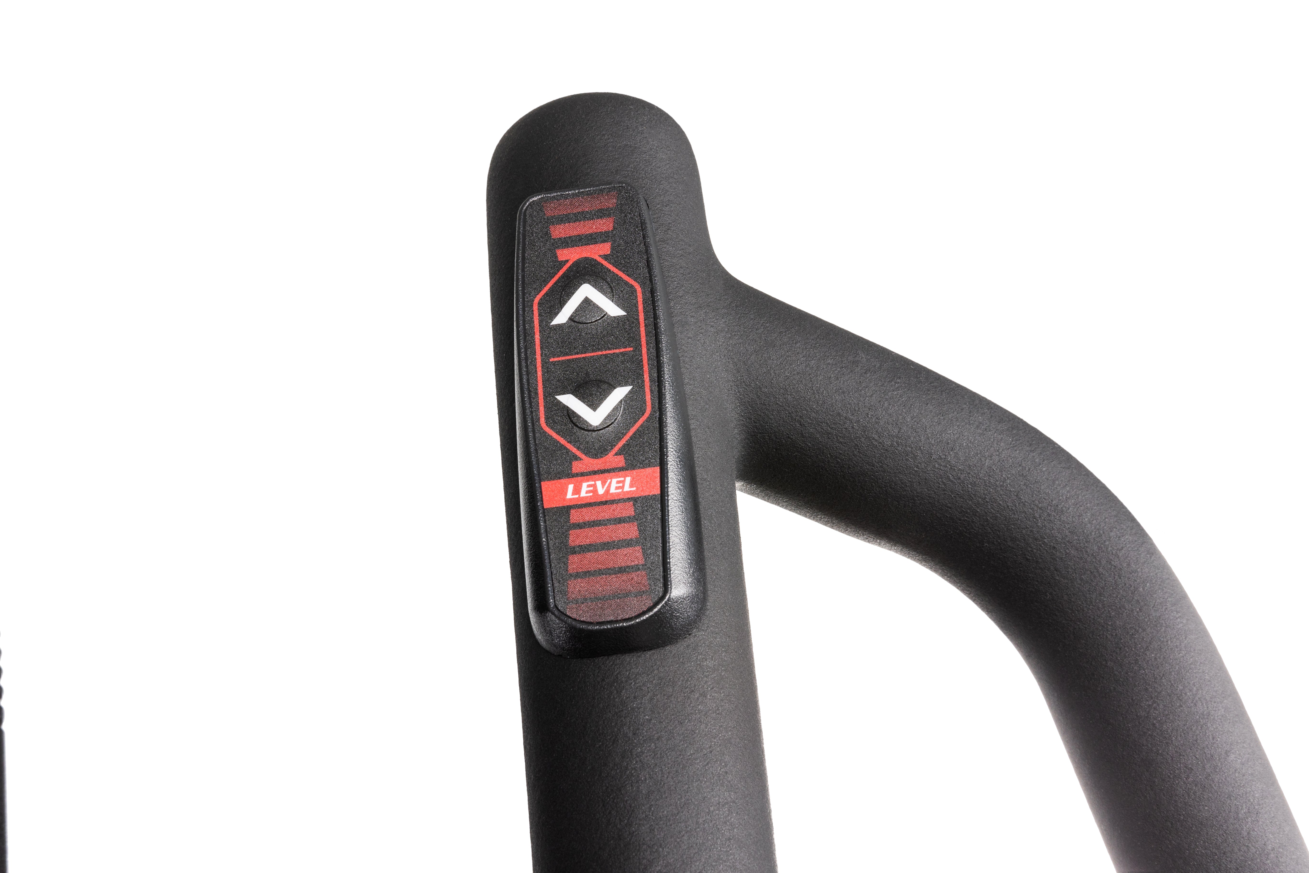 Close-up of the Sole E95S elliptical machine's handle, highlighting the "LEVEL" adjustment button with up and down arrows on a matte black grip.
