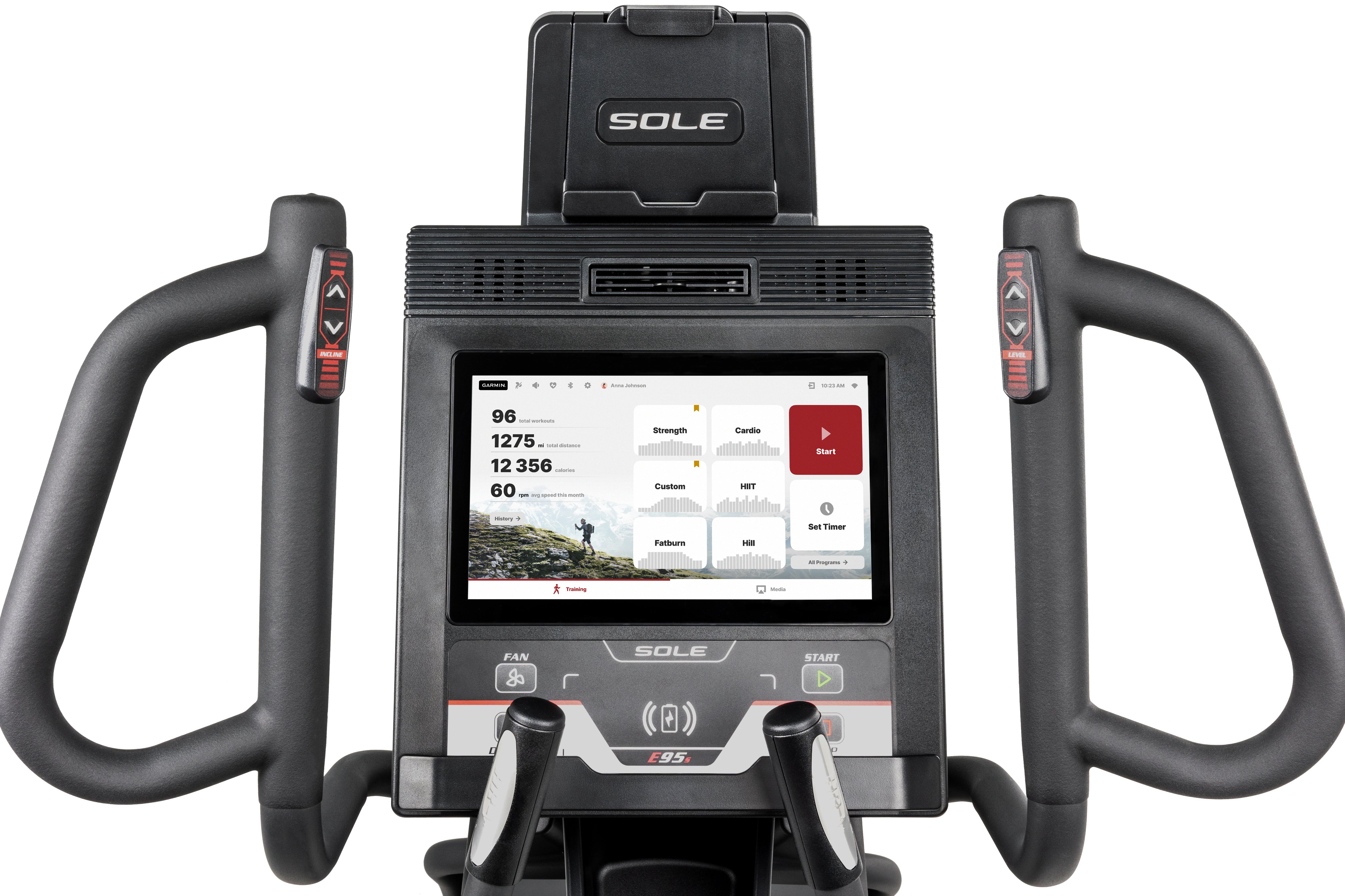Close-up view of the Sole E95S elliptical machine's upper console, displaying a digital screen with workout metrics, adjustable handlebars with heart rate sensors, and dedicated buttons for easy navigation.