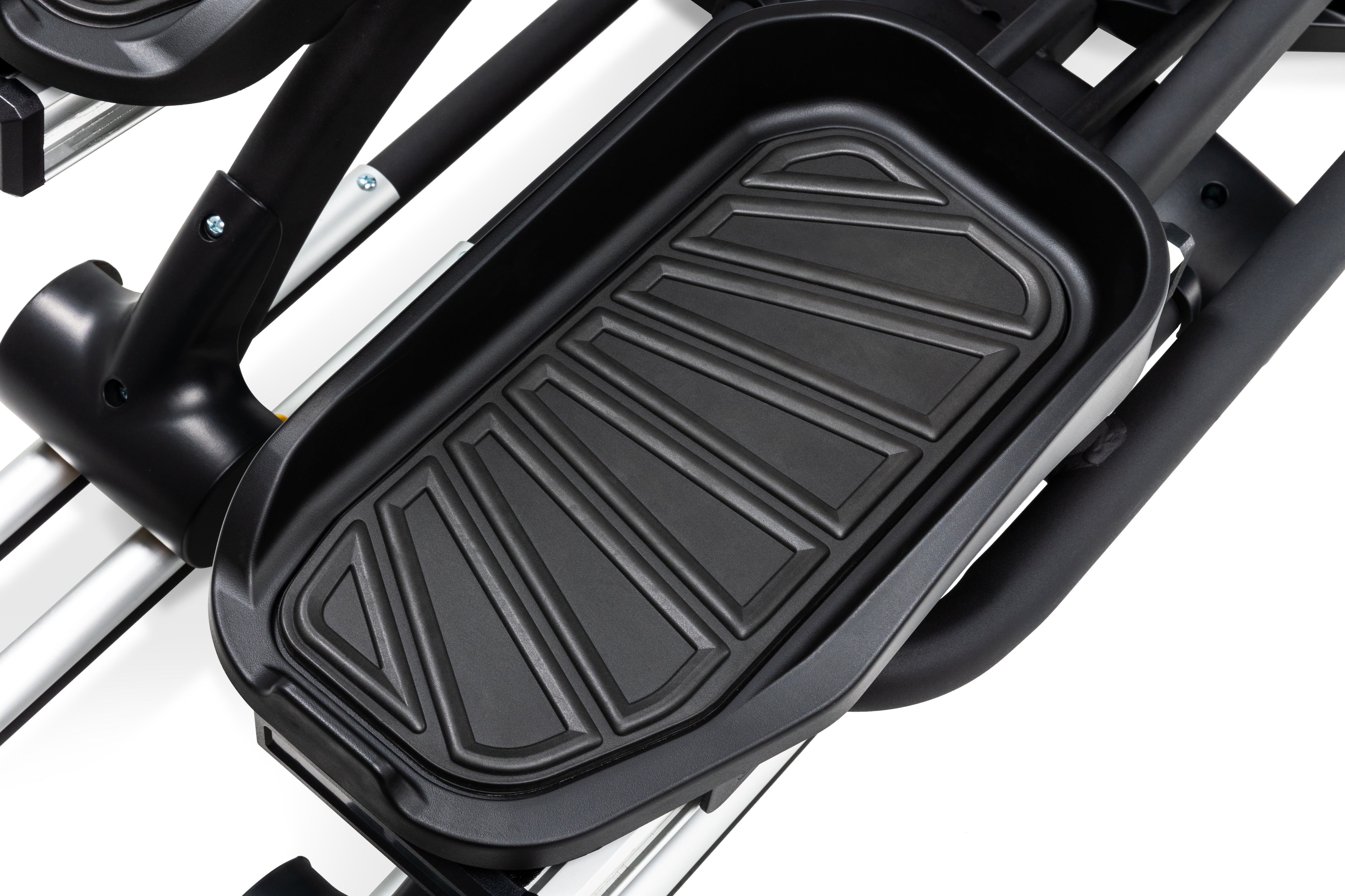 Angled view of the Sole E95S elliptical machine highlighting the textured foot pedal and surrounding frame components.