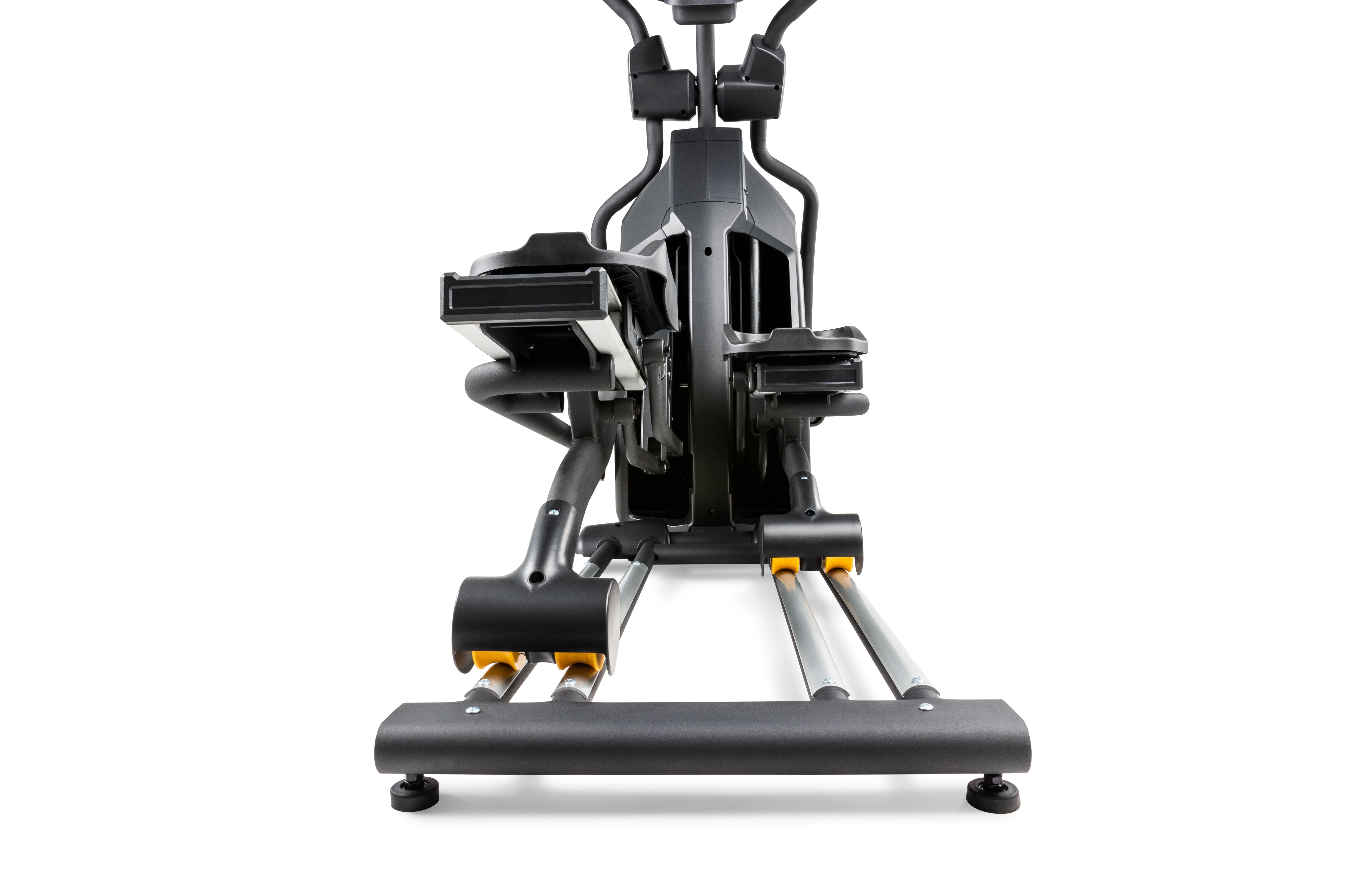 Frontal view of the Sole E95S elliptical machine detailing the foot pedals, handlebars, and central housing structure.