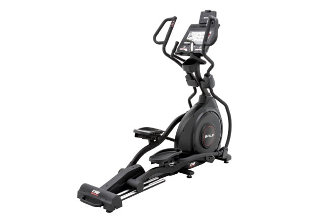 Sole E98 elliptical trainer with adjustable handles, digital display, and foot pedals, set against a white background.