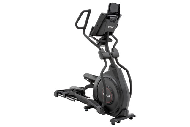 Angled view of the Sole E98 elliptical trainer displaying its handlebars, digital console, foot pedals, and brand insignia, set against a white backdrop.