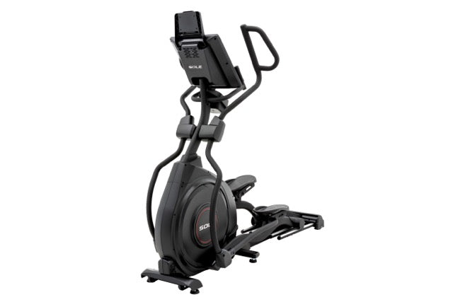 Angled view of the Sole E98 elliptical trainer displaying its handlebars, digital console, foot pedals, and brand insignia, set against a white backdrop.