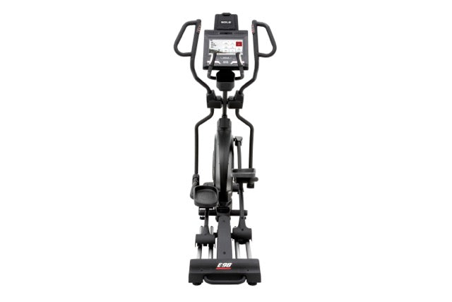 Frontal view of the Sole E98 elliptical machine featuring a digital display console, handlebars, foot pedals, and the model label "E98" on the base, set against a white background.