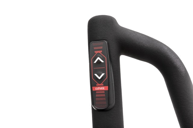 Close-up view of the Sole E98 elliptical machine's black handle, showcasing the red and black "LEVEL" button panel with up and down arrow controls against a white background.