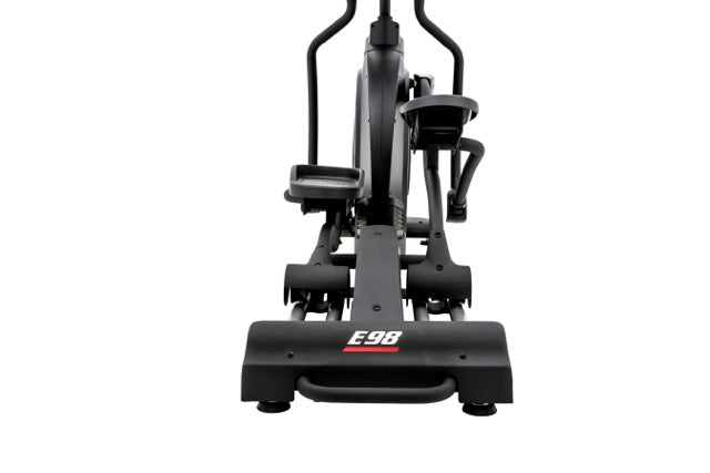 Rear view of the Sole E98 elliptical machine, focusing on its sturdy base labeled "E98", the adjustable seat, and ergonomic handlebars against a white background.