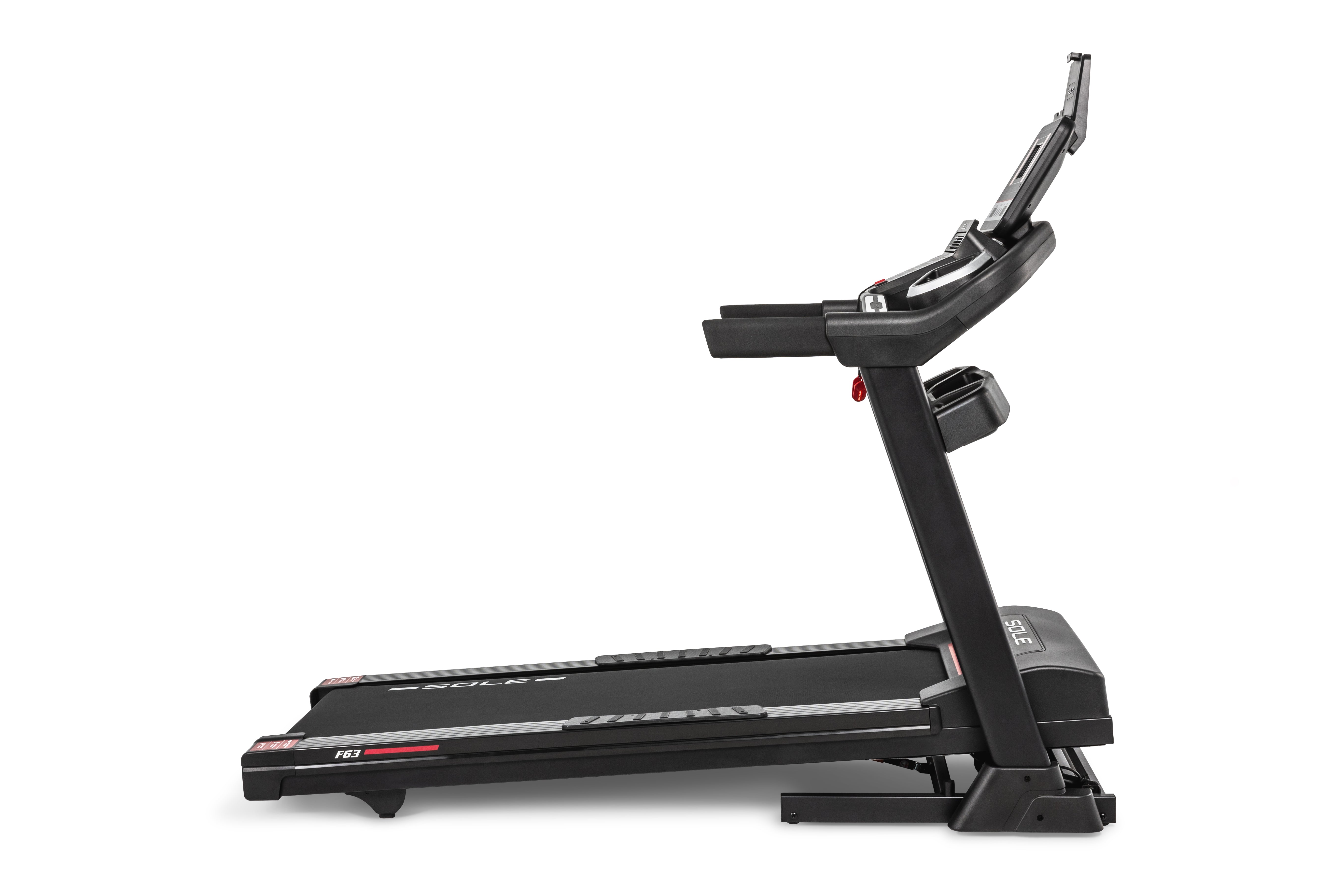 Sole F63 Treadmill side view with running deck inclined with a white background.