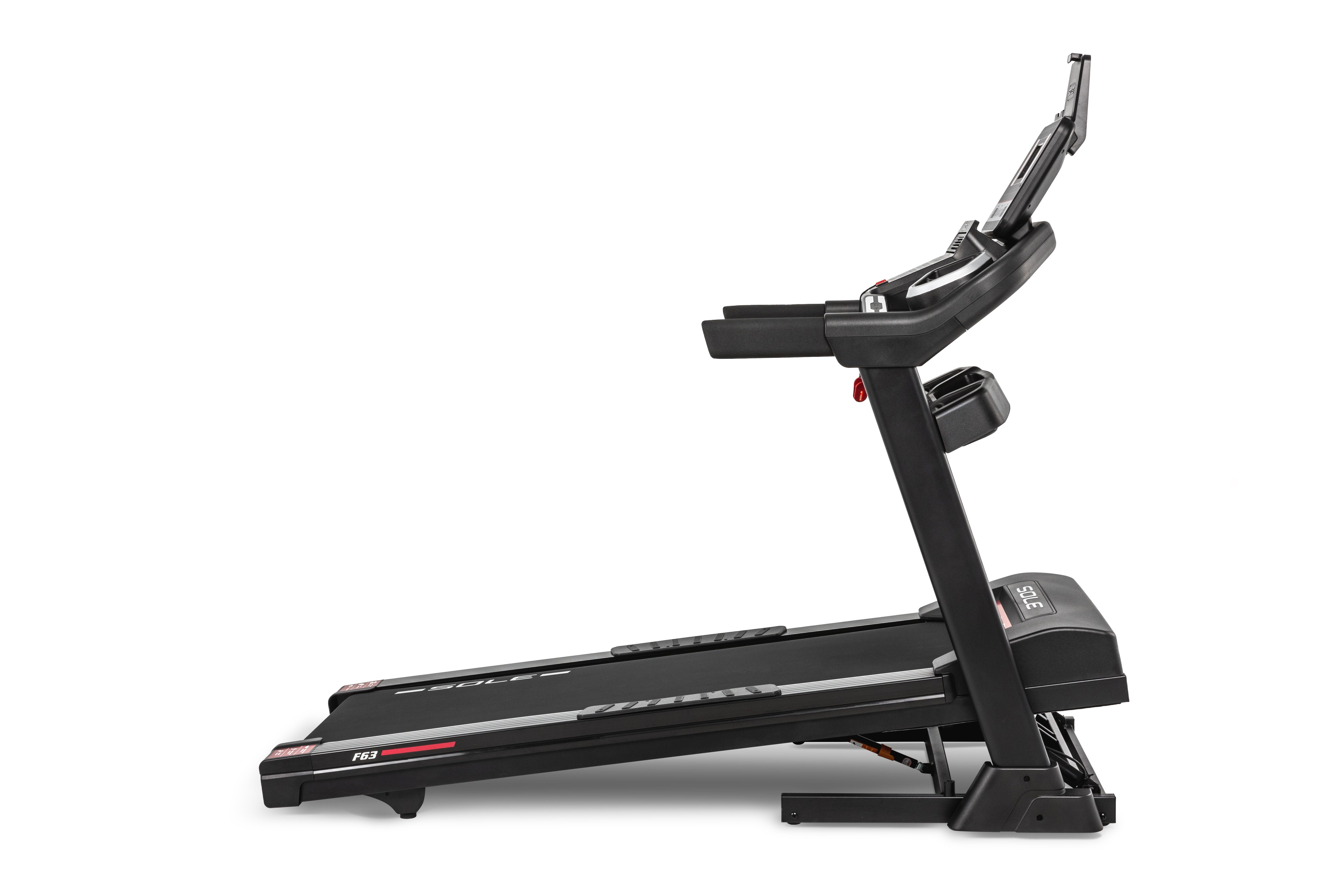 Sole F63 Treadmill side view with running deck inclined with a white background.