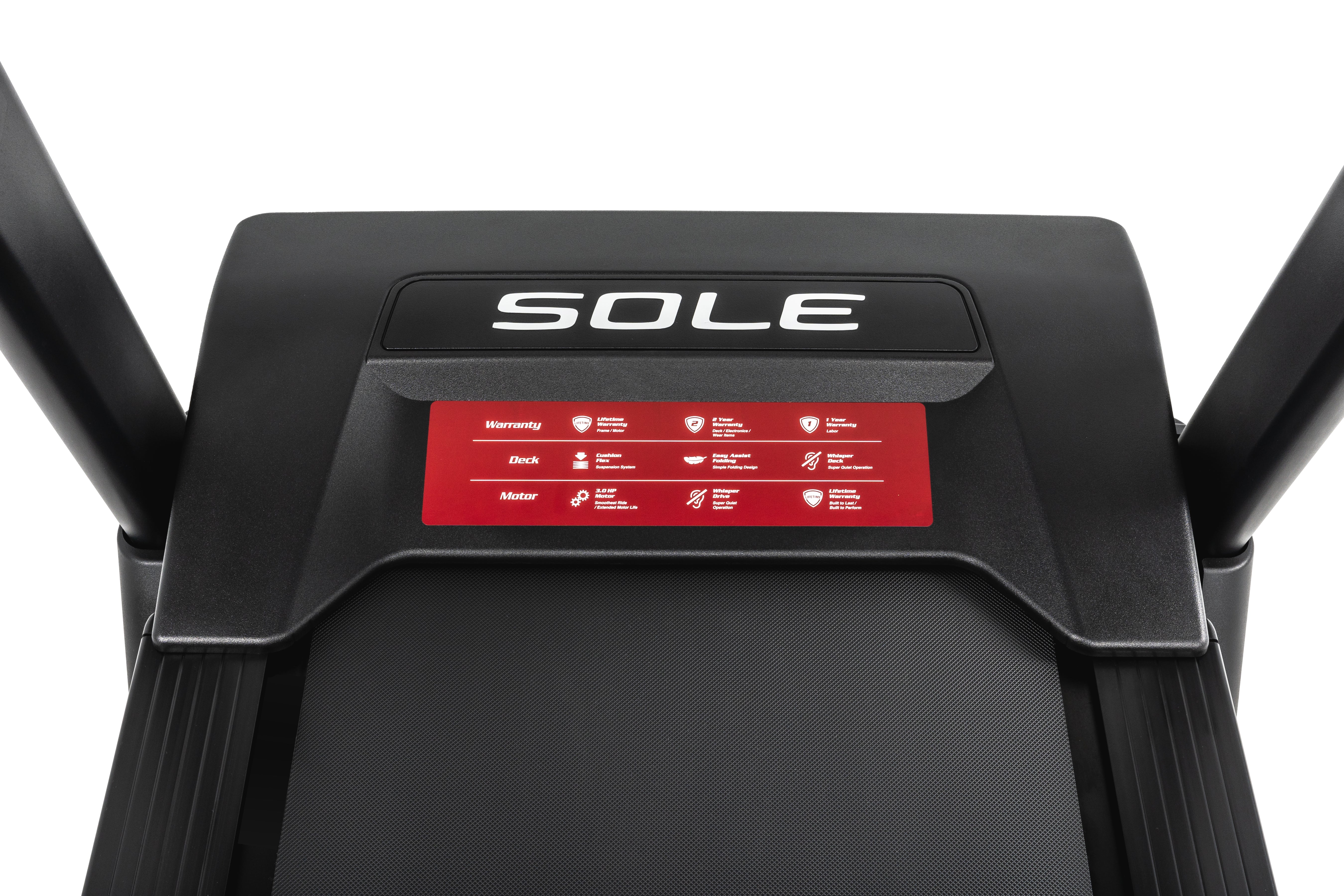 Sole F63 Treadmill running deck kick plate with logo and warranty, deck, and motor information.