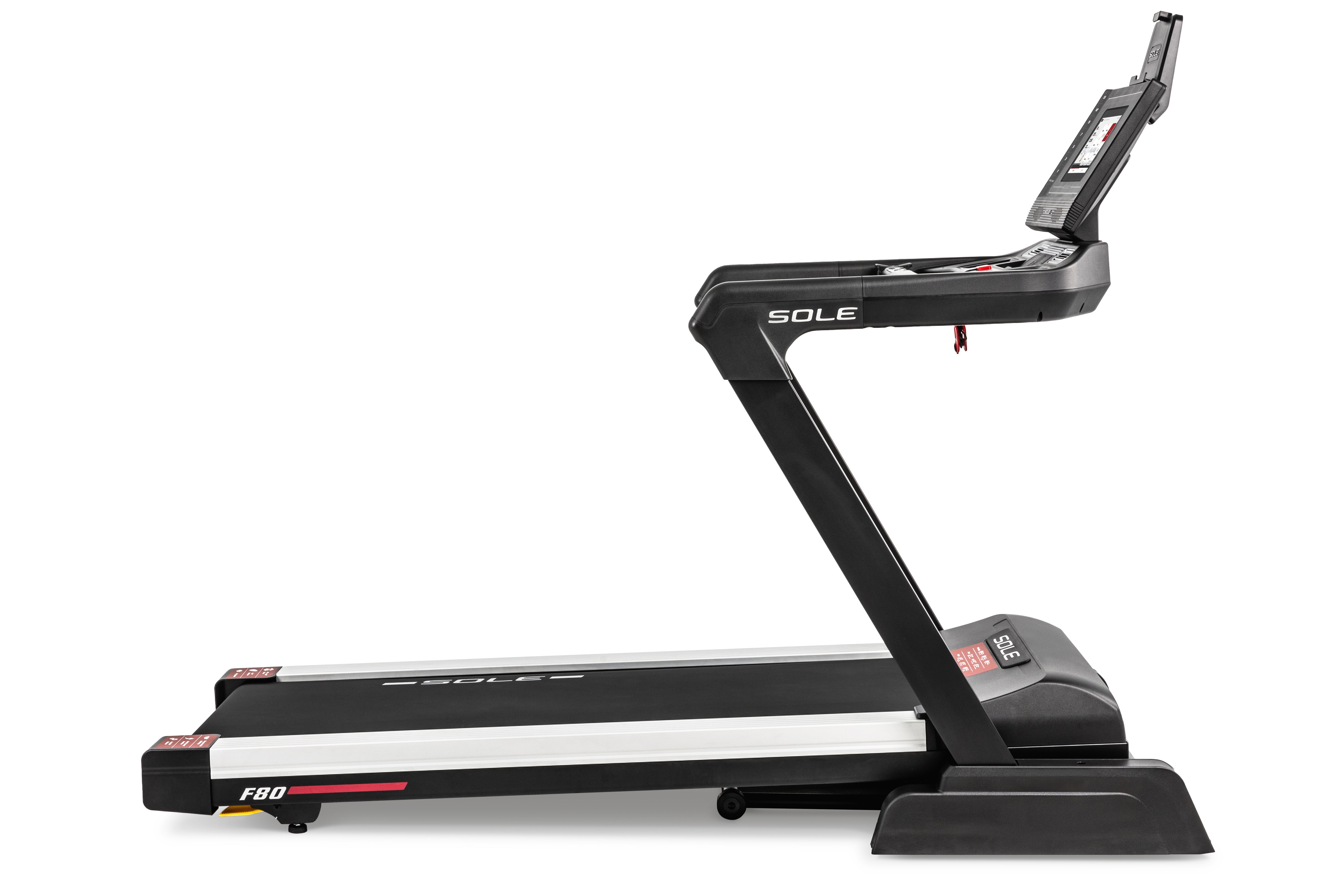 Sole F80 Treadmill side view with running surface inclined.