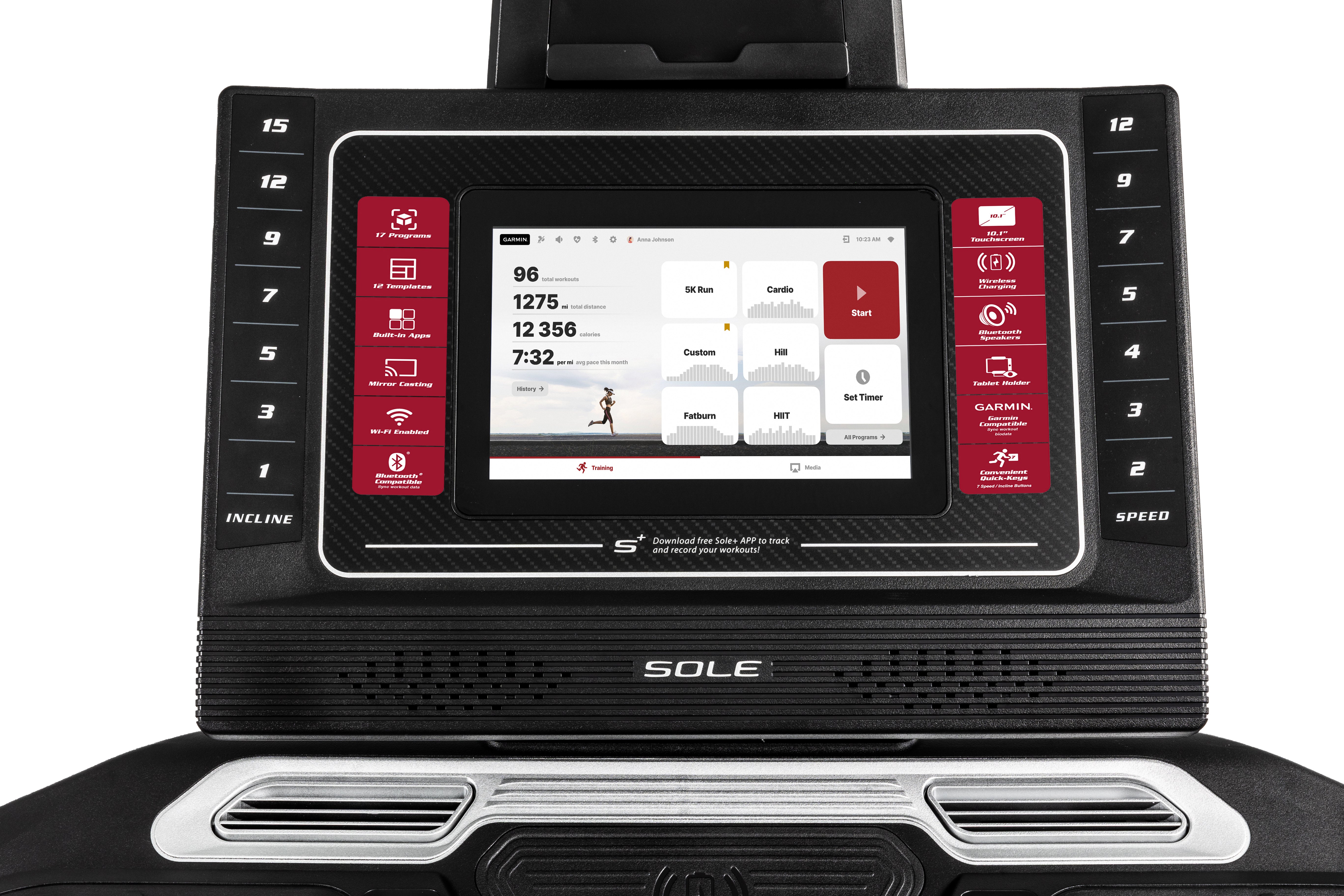 Close-up of the Sole F80 treadmill's console, displaying a digital touch screen with various workout metrics and options. The left side indicates incline levels, and the right shows speed settings. Below the screen is the Sole branding and integrated speakers.