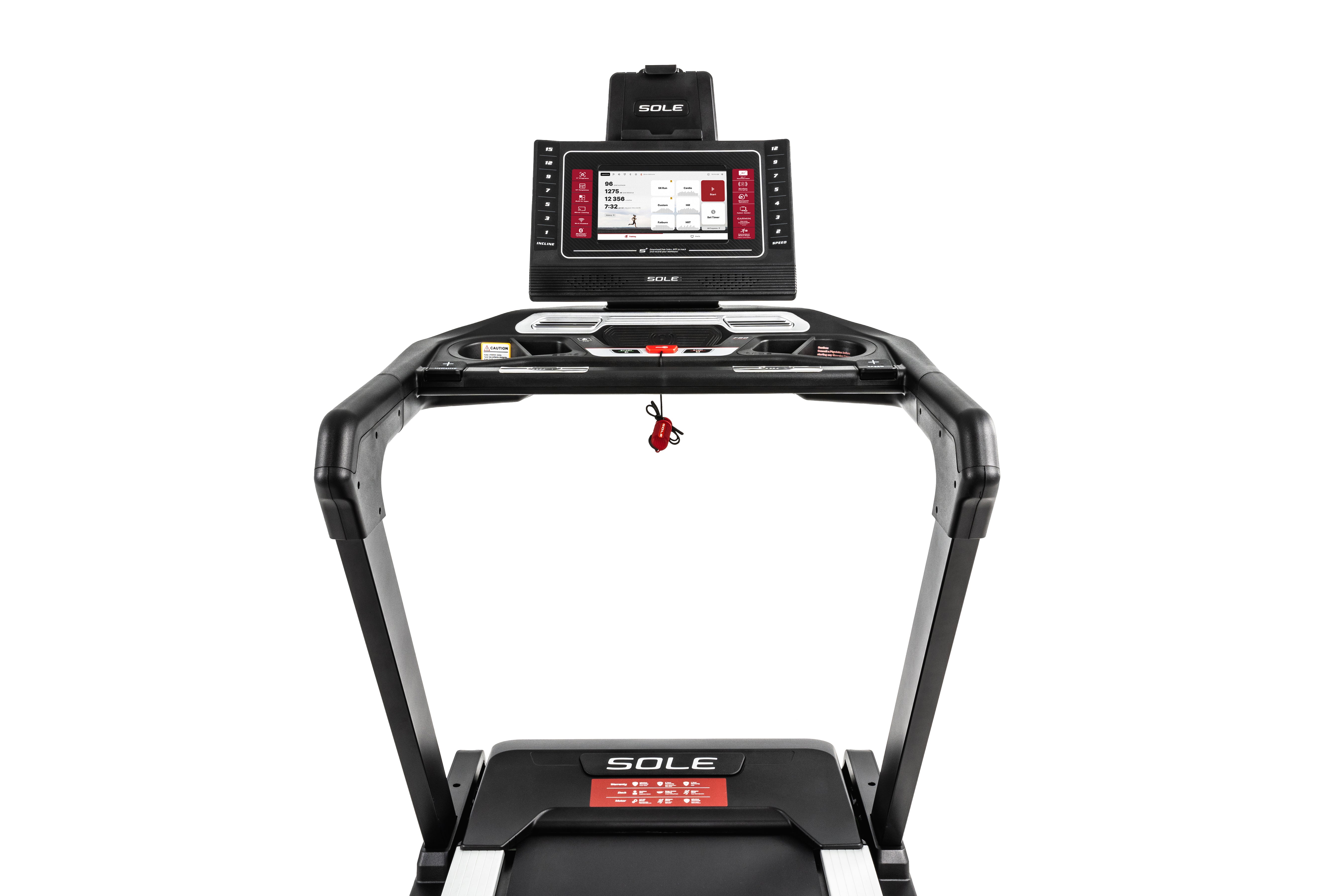 "Front view of the Sole F80 treadmill, showcasing its large digital console with workout metrics, integrated speakers, and Sole branding. A red safety key hangs from the front of the console. The handrails curve gracefully, and the treadmill belt features another Sole logo at the front end.