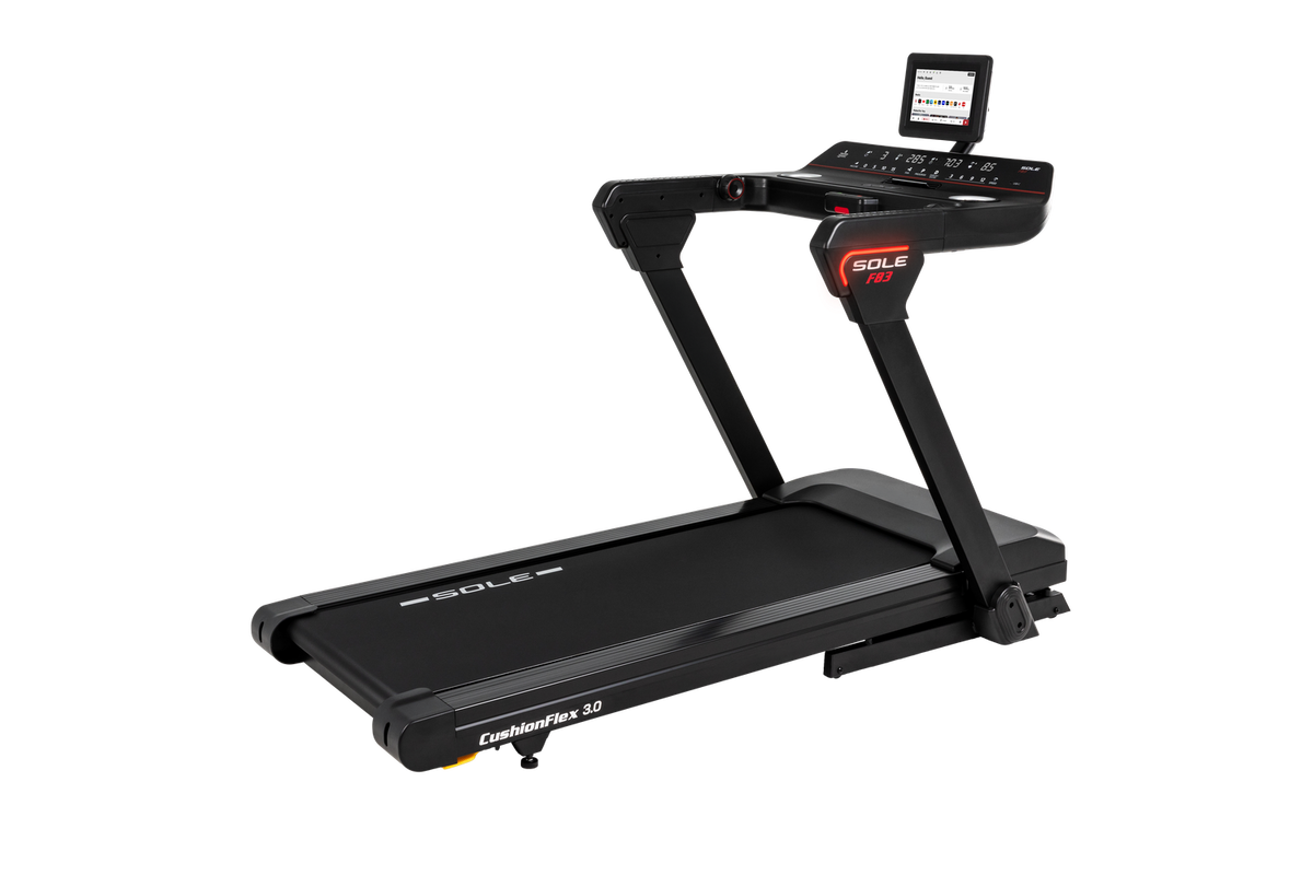 SOLE F83 treadmill, three-quarter view
